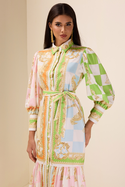 Patchwork Print Lantern Sleeve Midi Dress With Belt