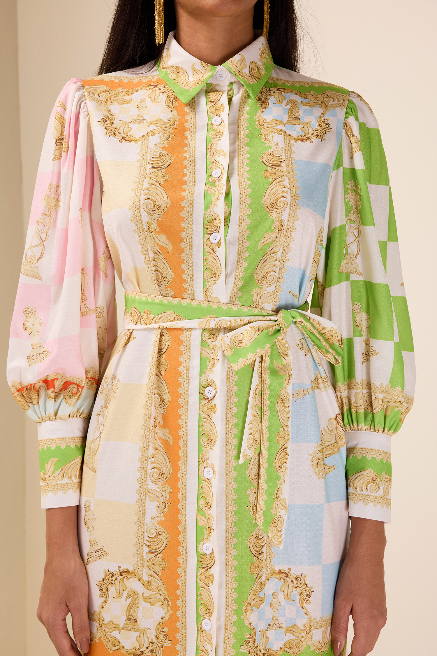 Patchwork Print Lantern Sleeve Midi Dress With Belt