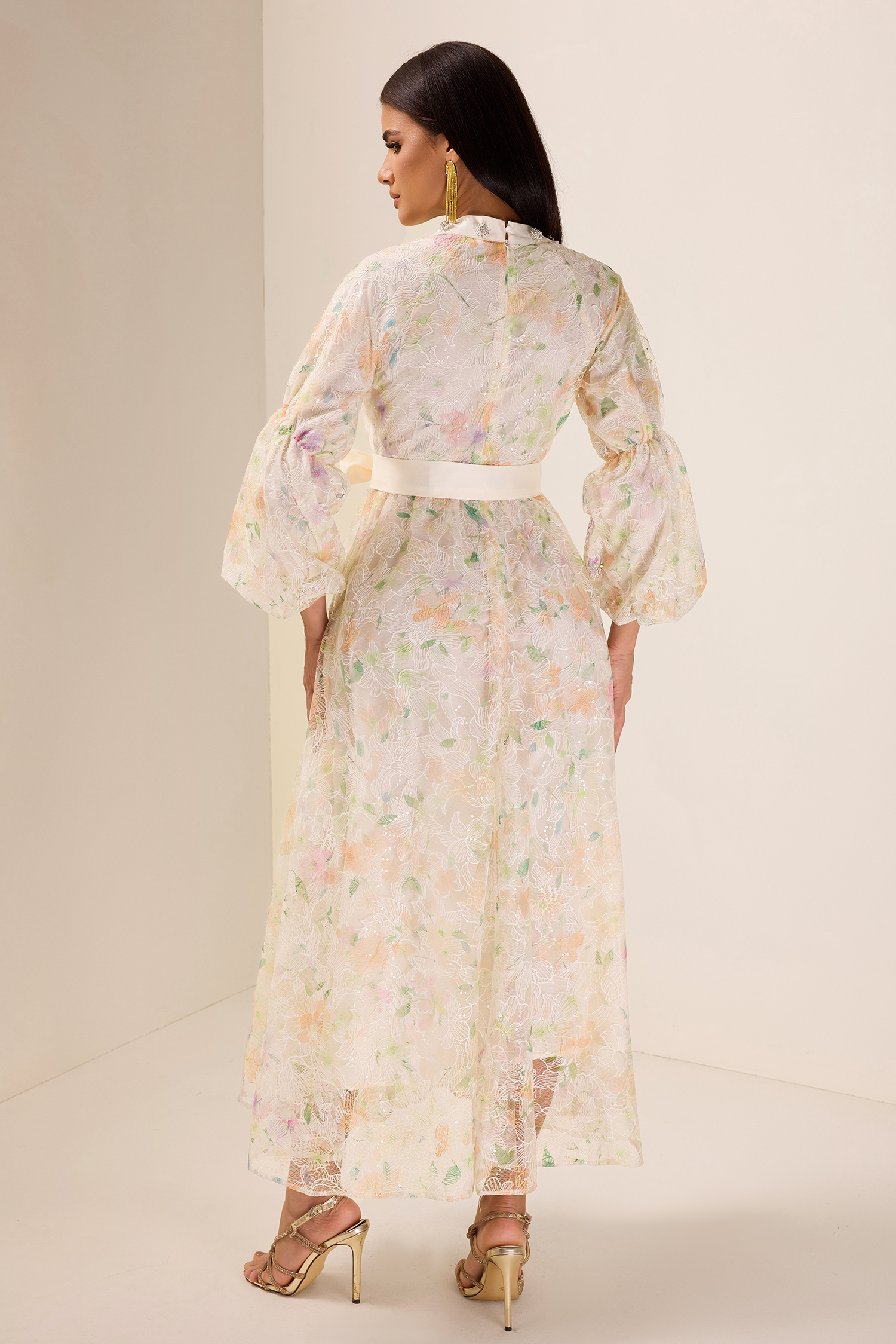 Sequin Embroidered Puff Sleeve Maxi Dress