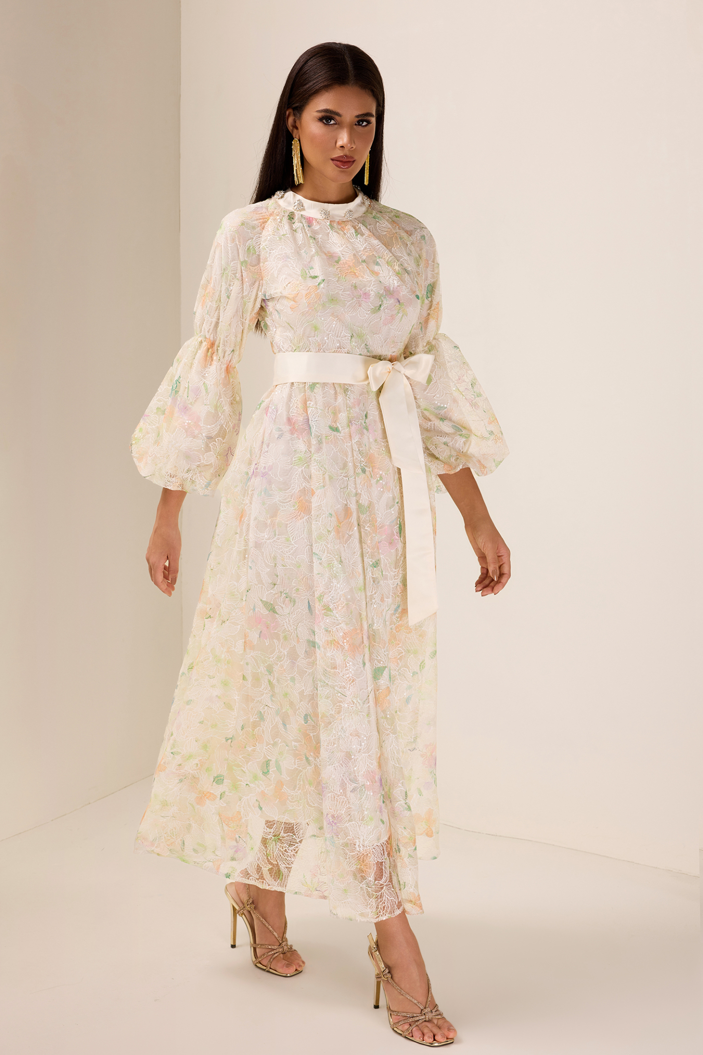 Sequin Embroidered Puff Sleeve Maxi Dress