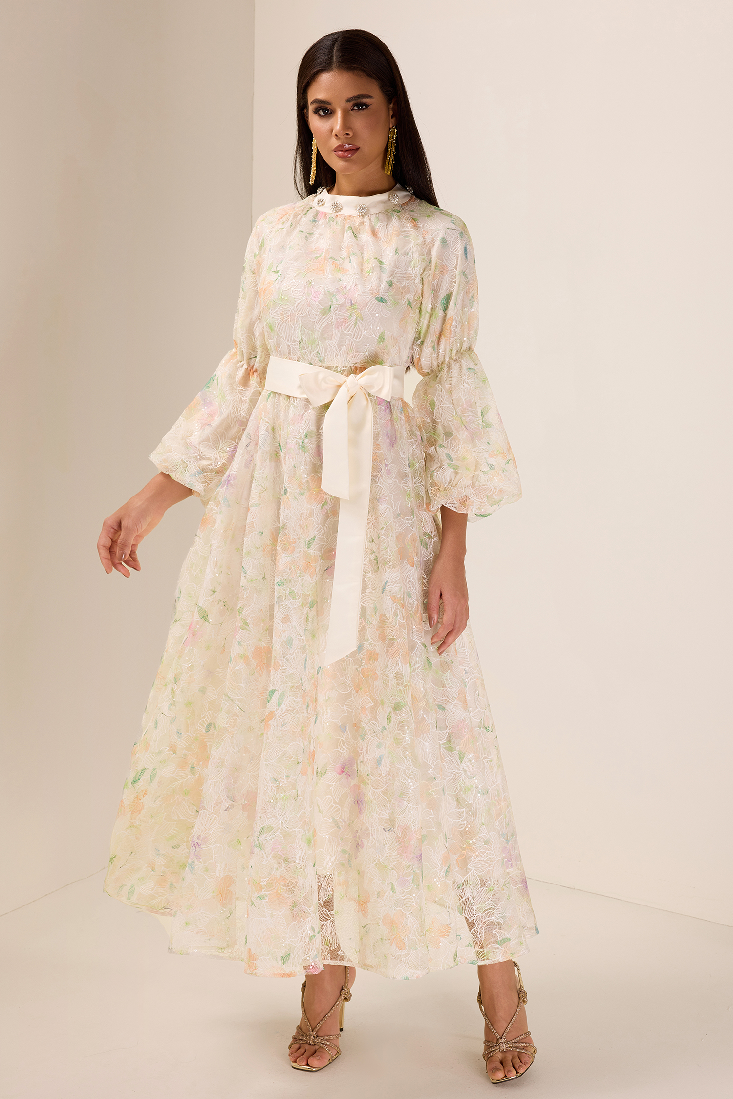 Sequin Embroidered Puff Sleeve Maxi Dress