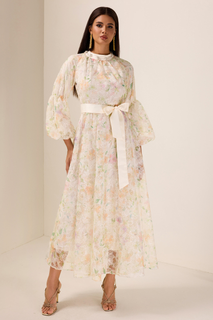 Sequin Embroidered Puff Sleeve Maxi Dress