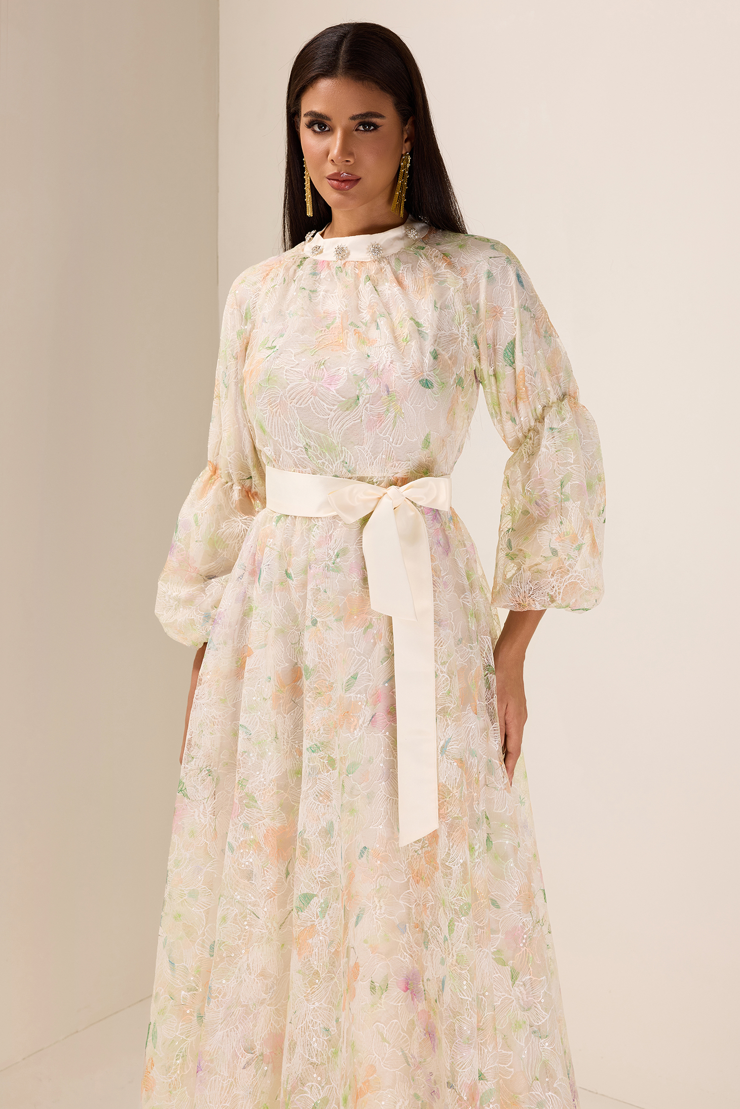 Sequin Embroidered Puff Sleeve Maxi Dress