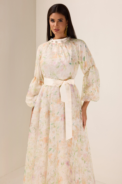 Sequin Embroidered Puff Sleeve Maxi Dress