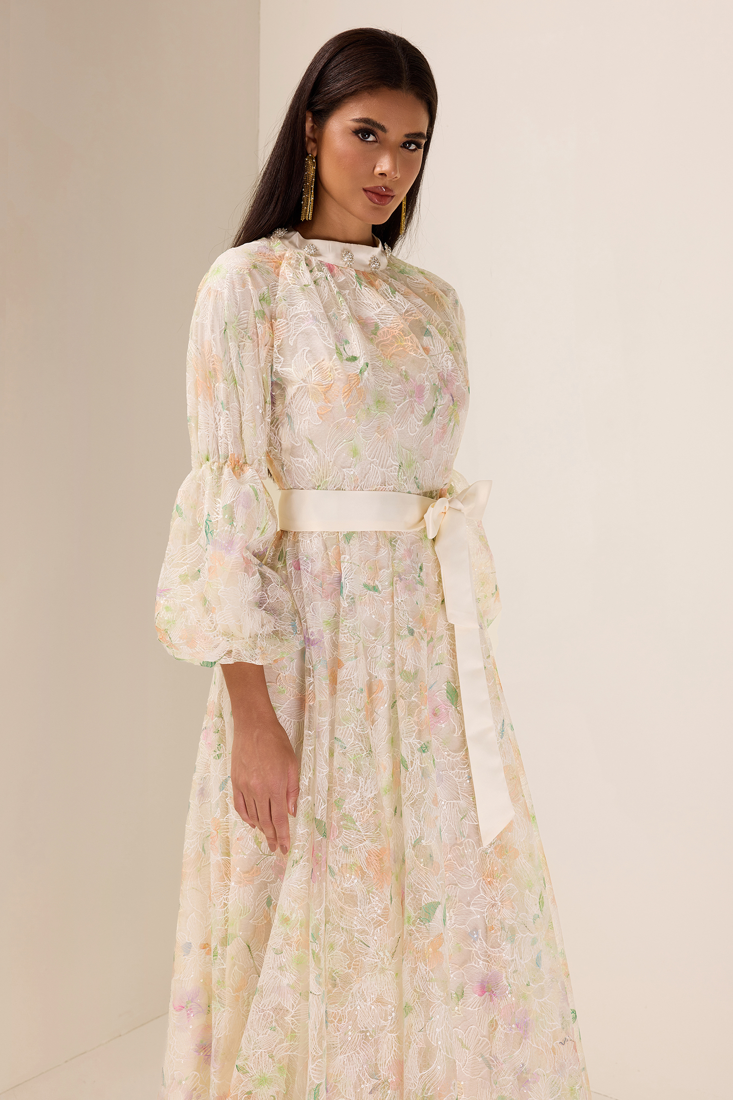 Sequin Embroidered Puff Sleeve Maxi Dress