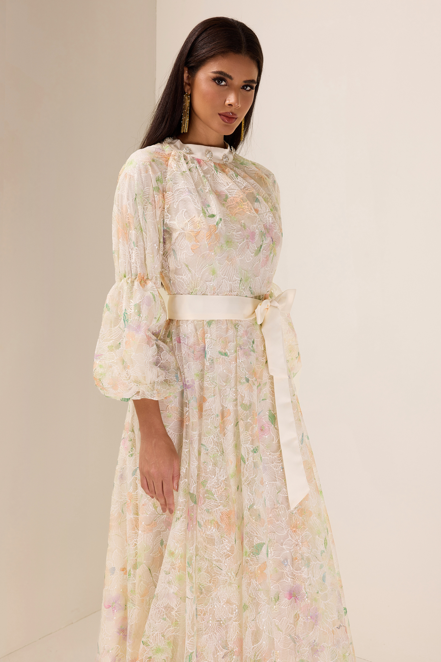 Sequin Embroidered Puff Sleeve Maxi Dress