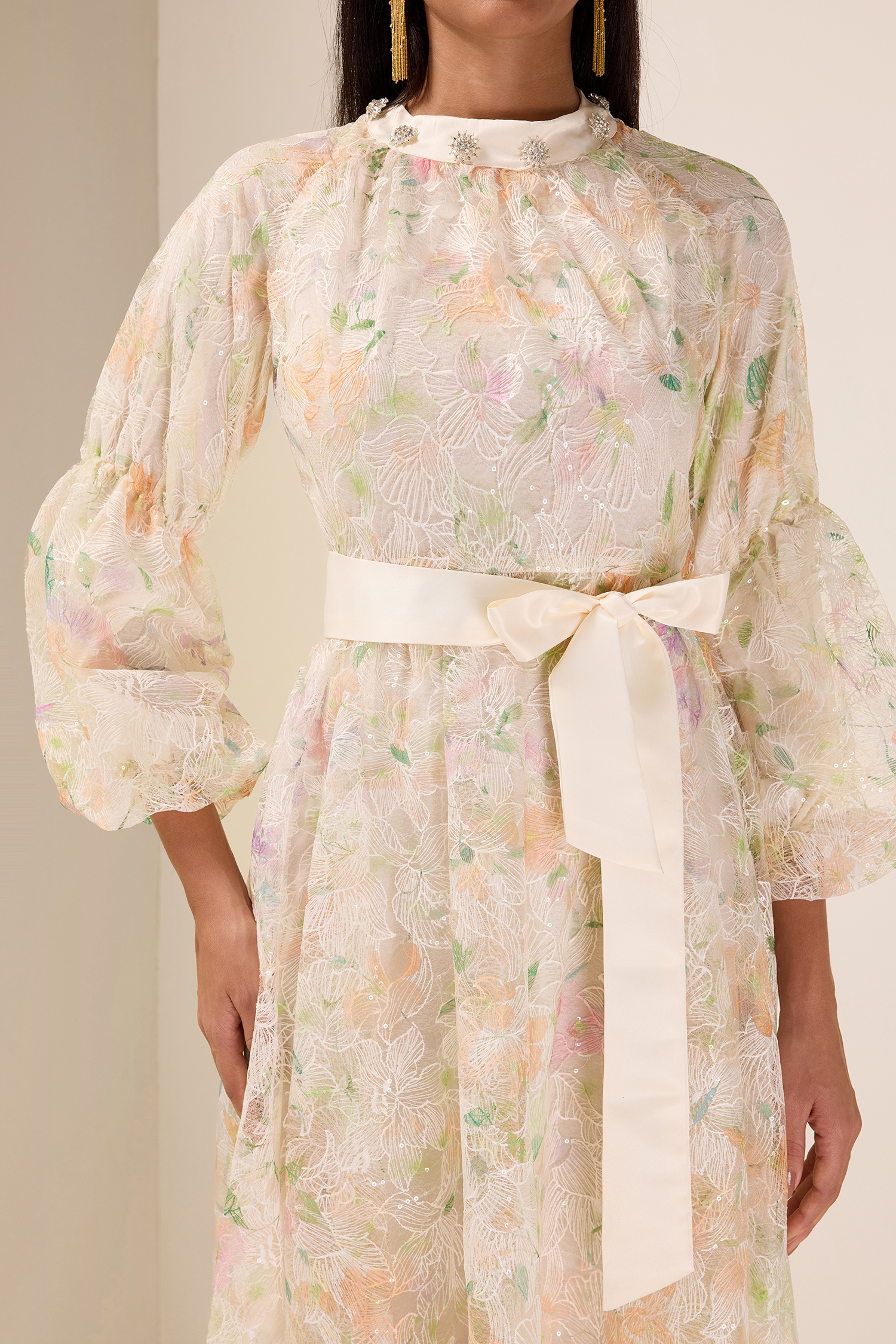 Sequin Embroidered Puff Sleeve Maxi Dress