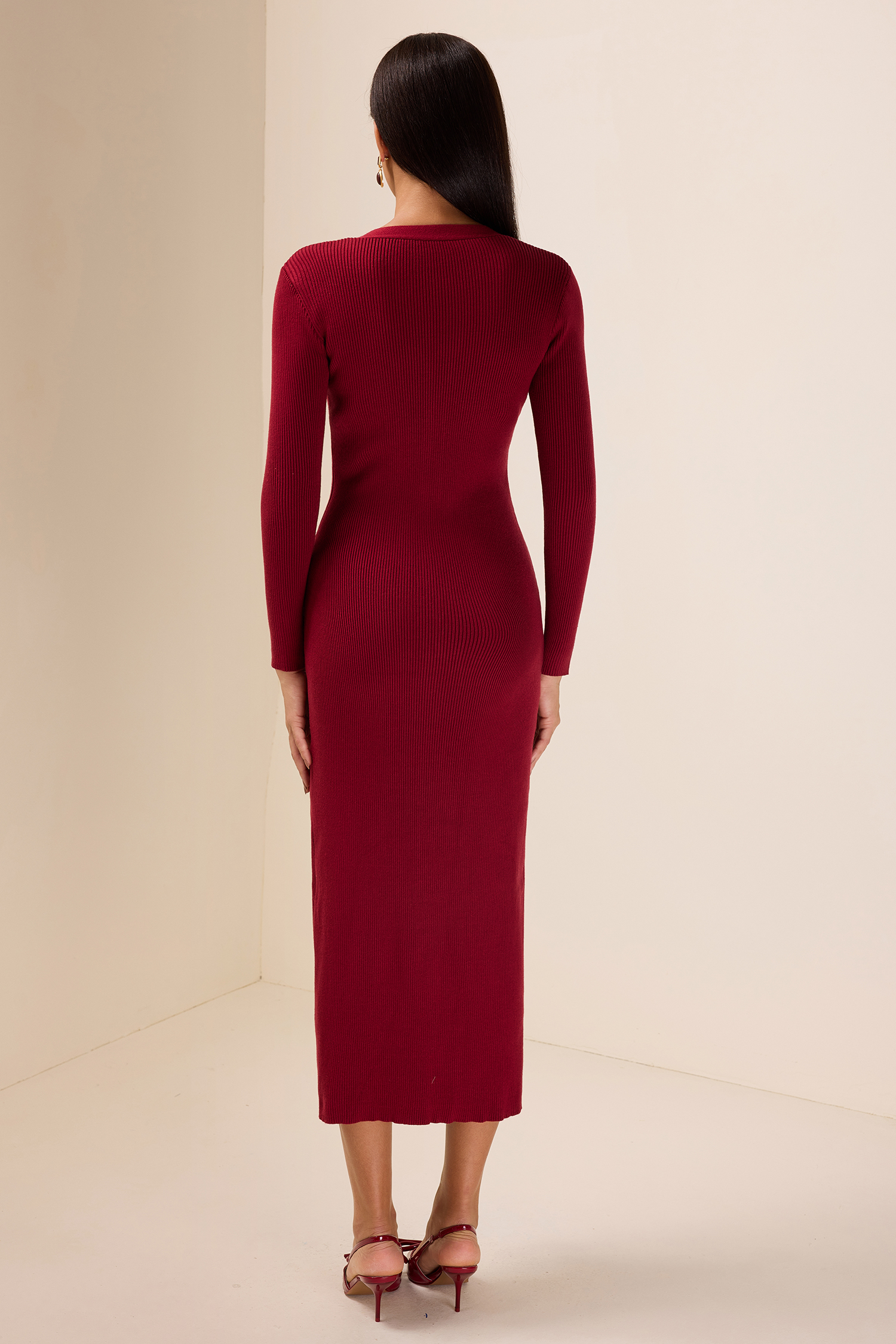 Knit Cable V-neck Solid Mermaid Midi Dress