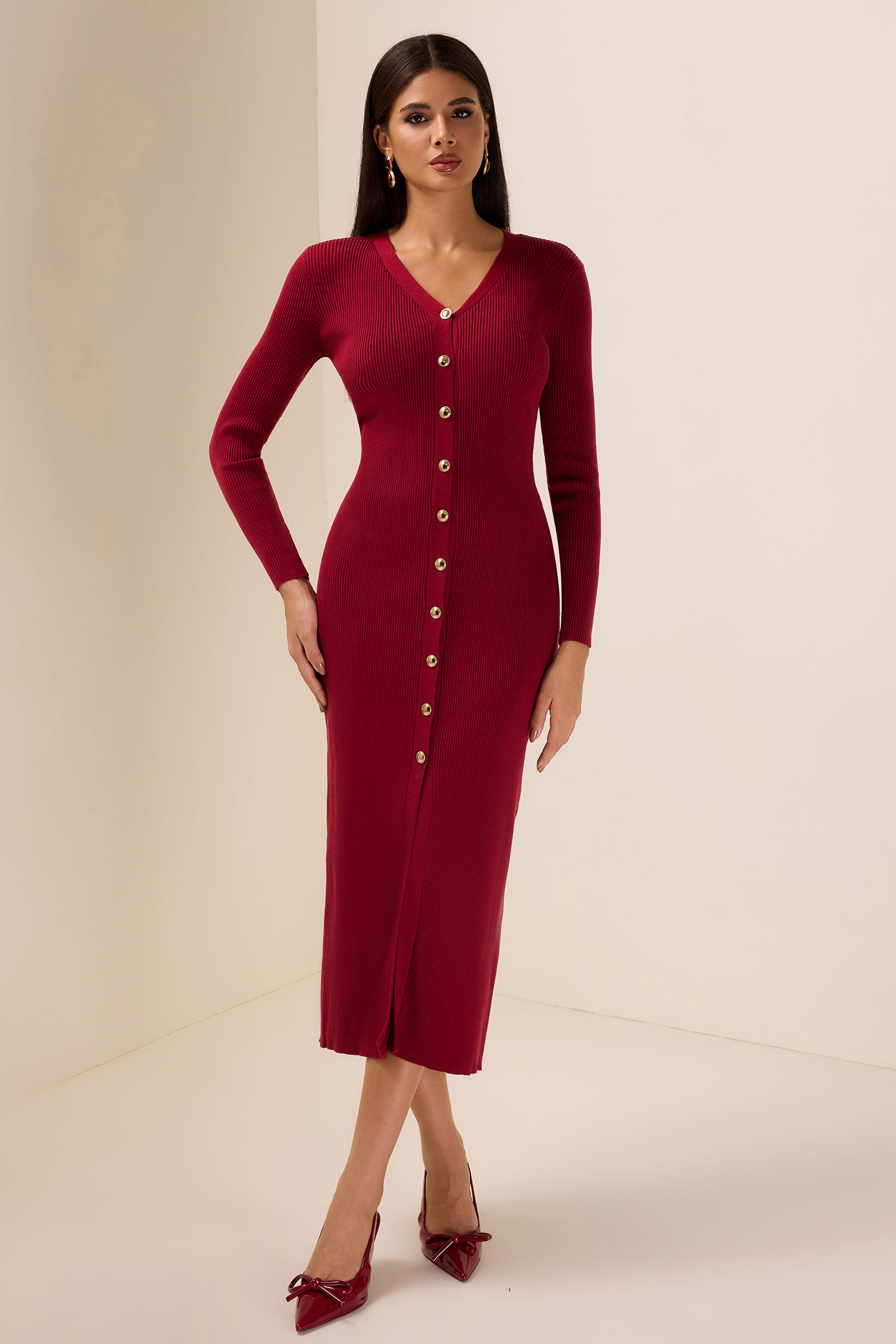 Knit Cable V-neck Solid Mermaid Midi Dress
