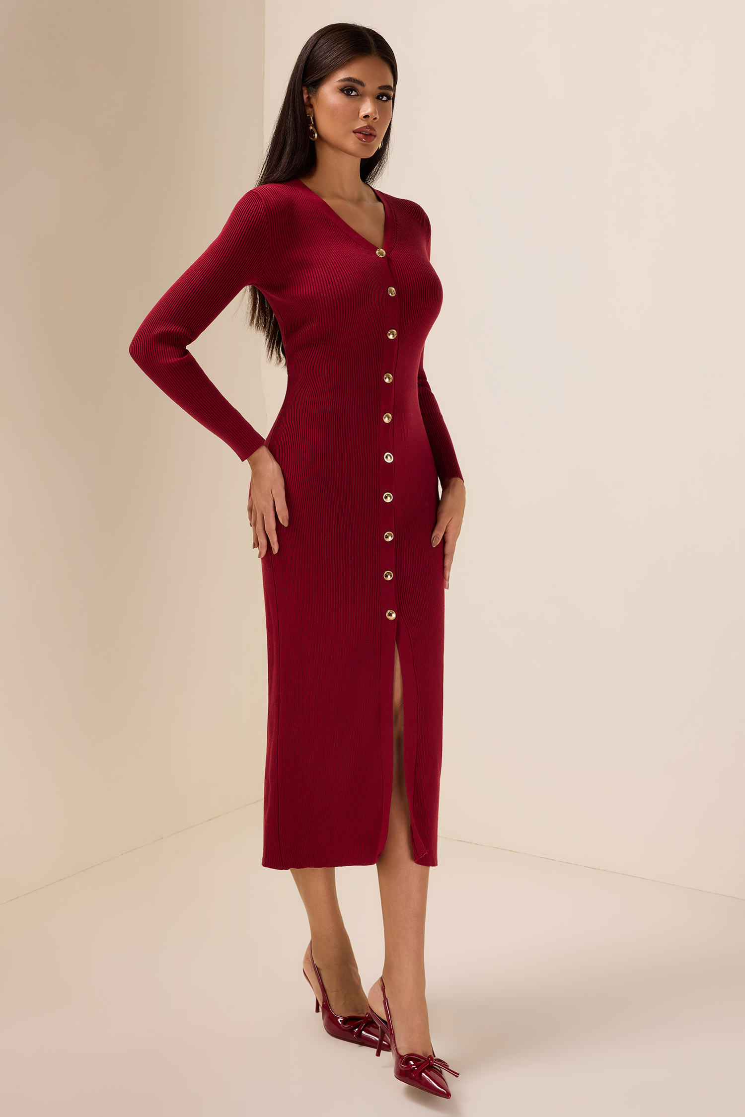 Knit Cable V-neck Solid Mermaid Midi Dress