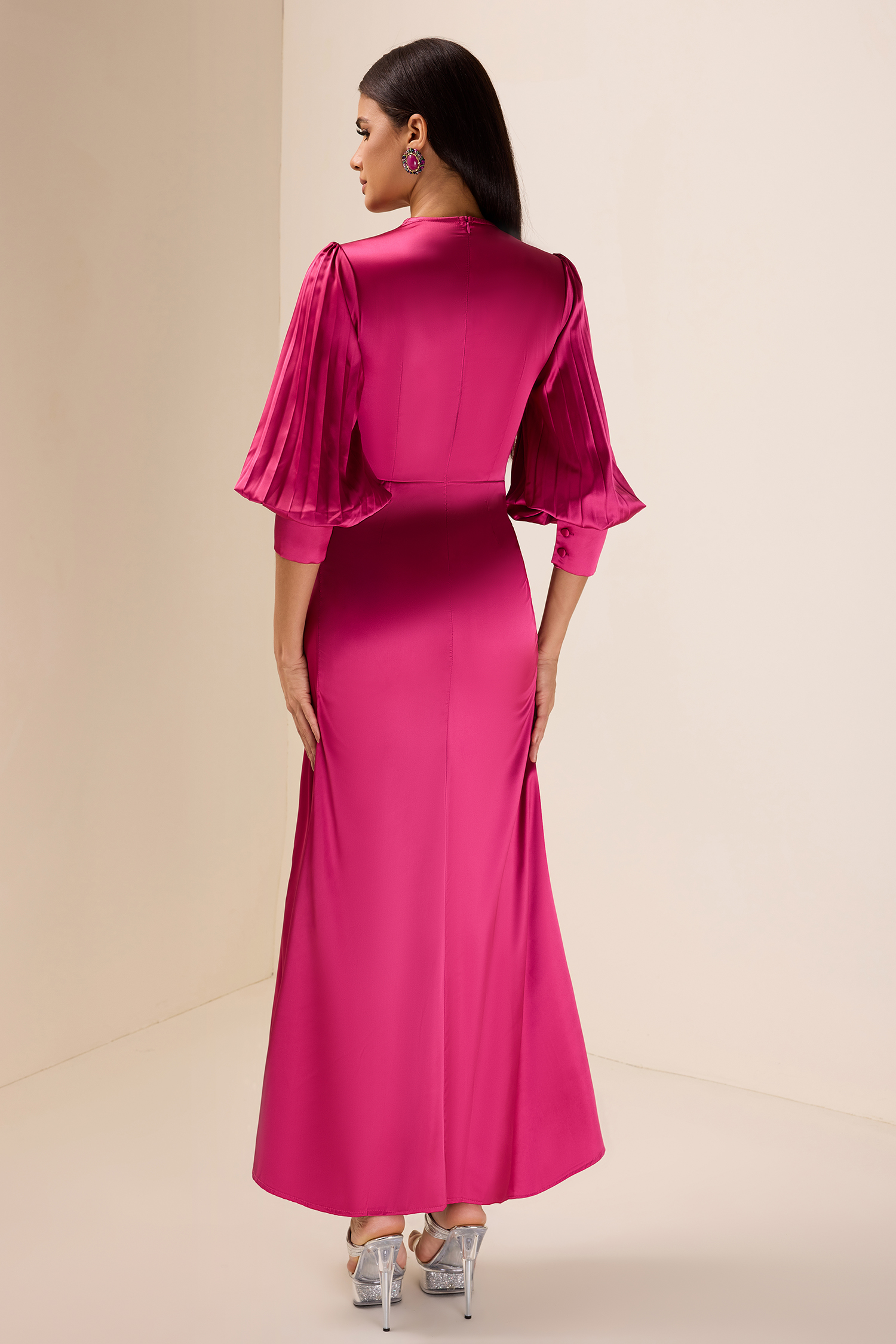 Solid Satin Knotted Pleated Maxi Dress