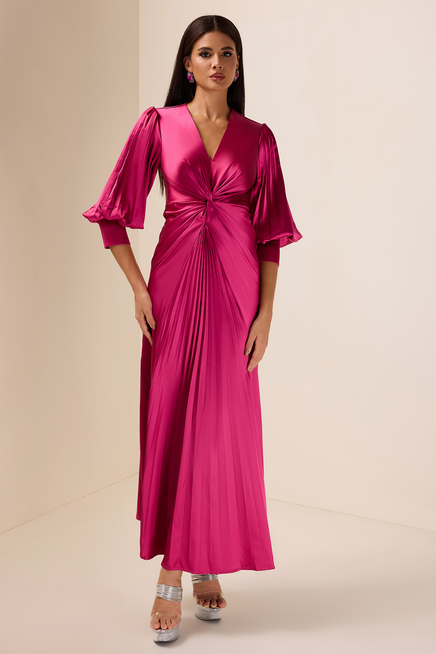 Solid Satin Knotted Pleated Maxi Dress