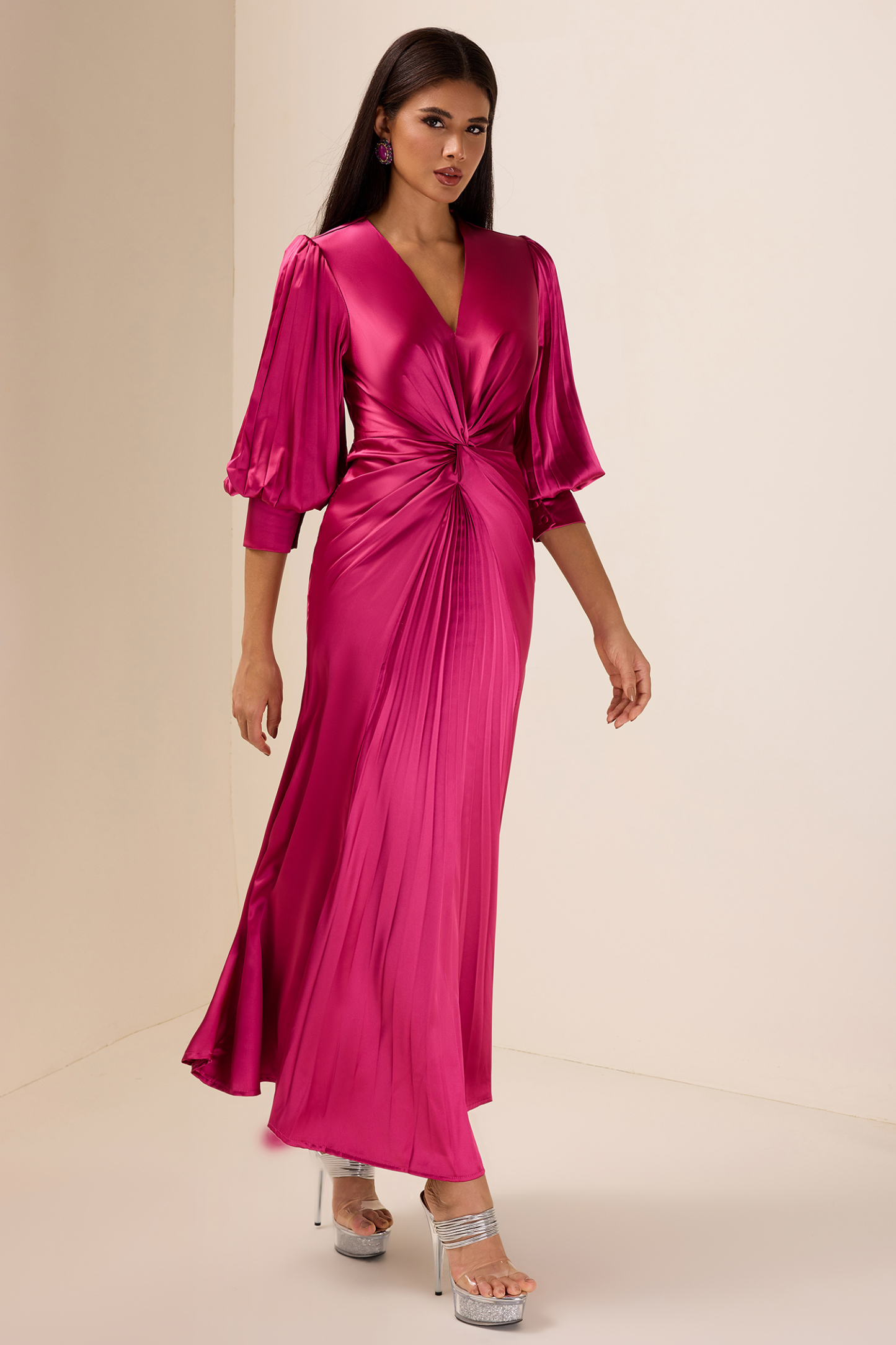Solid Satin Knotted Pleated Maxi Dress