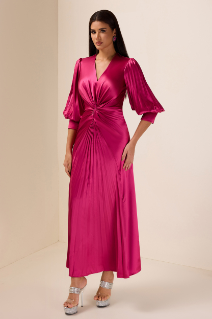 Solid Satin Knotted Pleated Maxi Dress