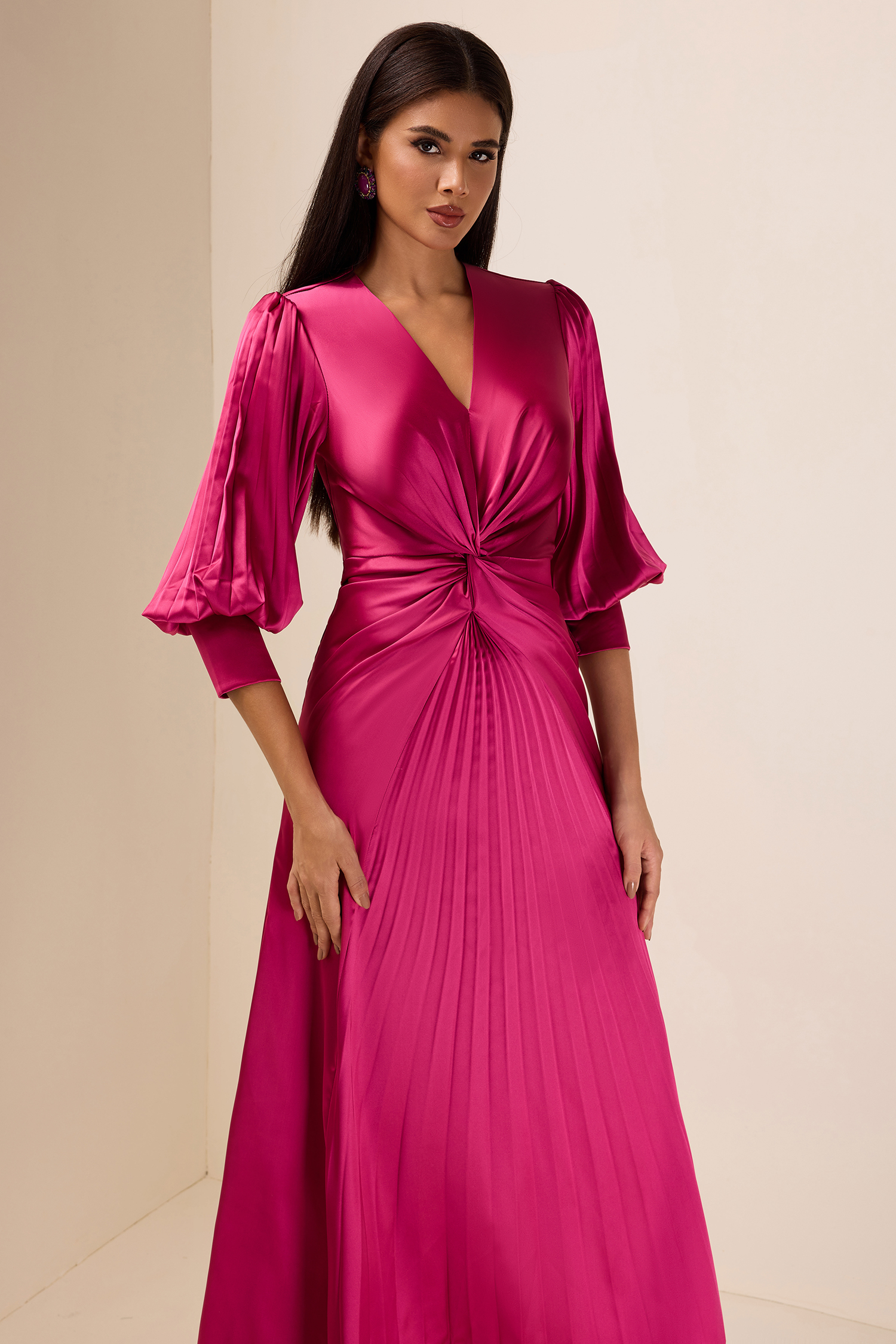 Solid Satin Knotted Pleated Maxi Dress