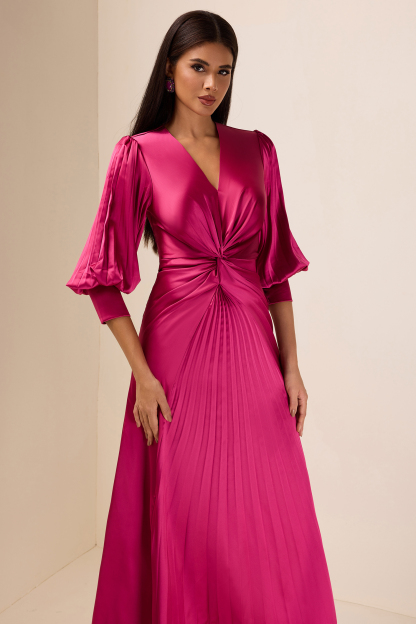 Solid Satin Knotted Pleated Maxi Dress