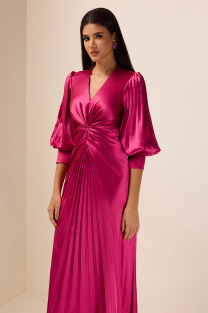 Solid Satin Knotted Pleated Maxi Dress