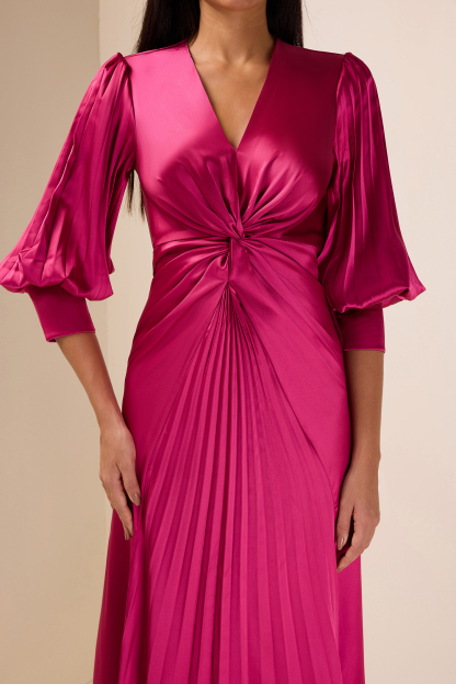 Solid Satin Knotted Pleated Maxi Dress
