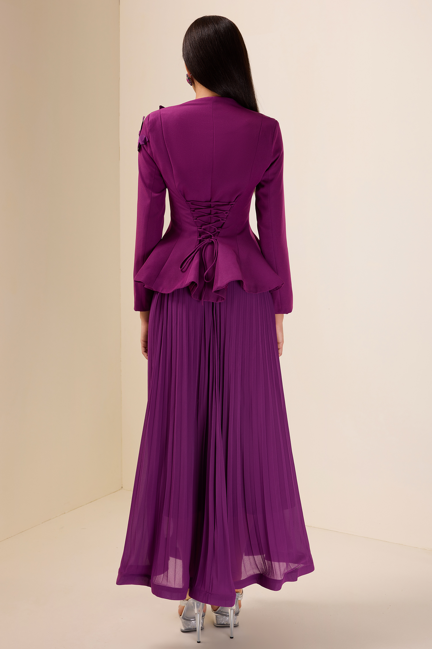 3D Butterfly Long Sleeve Blazer & Hight Waist Pleated Midi Skirt Set