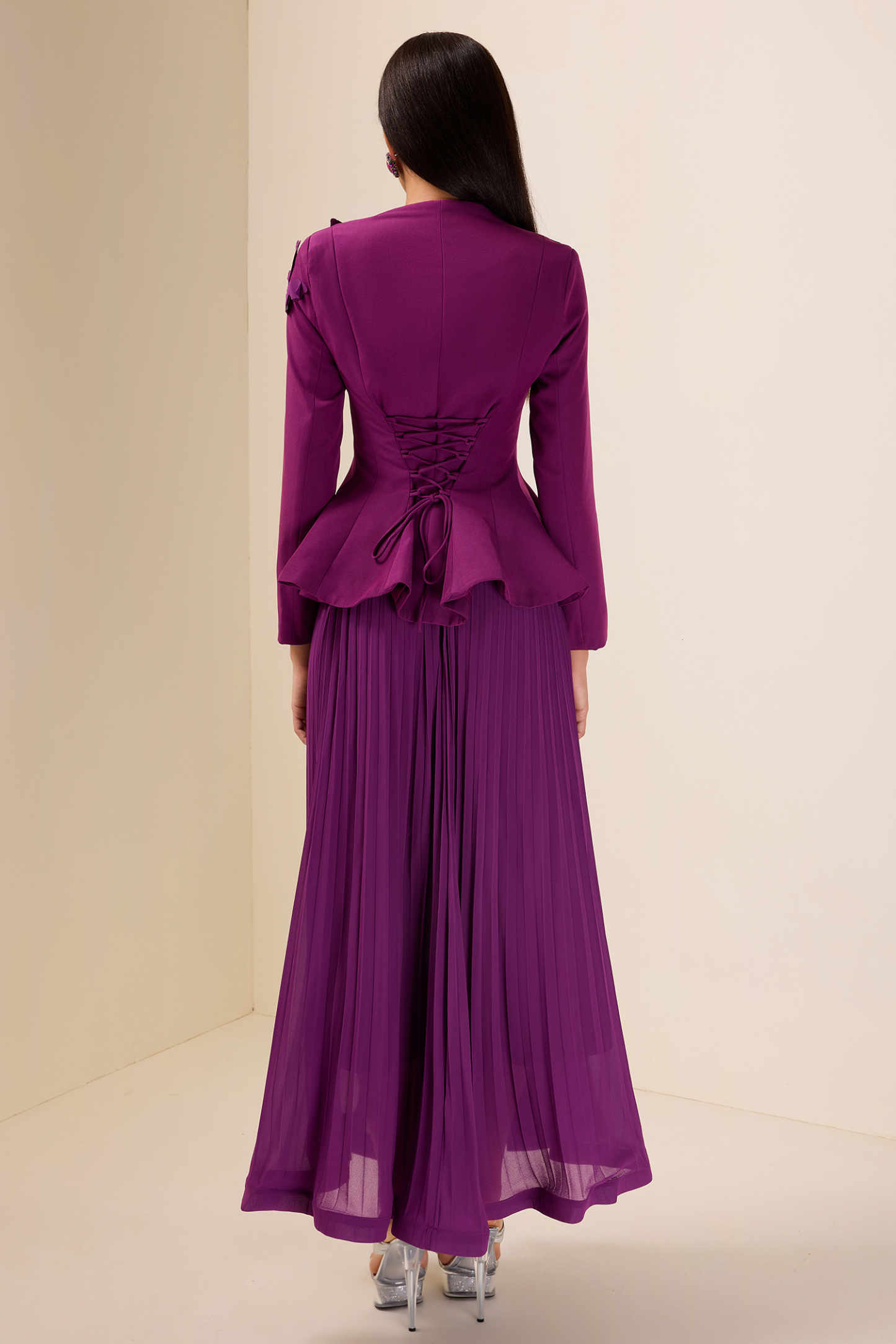 3D Butterfly Long Sleeve Blazer & Hight Waist Pleated Midi Skirt Set