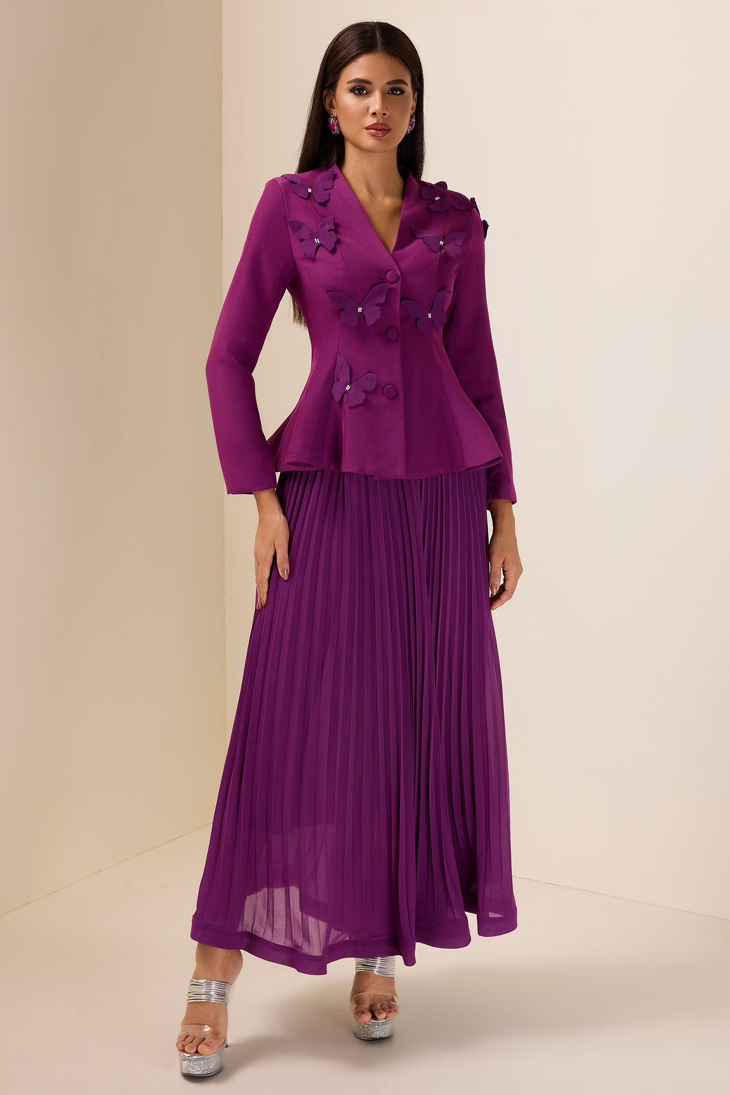 3D Butterfly Long Sleeve Blazer & Hight Waist Pleated Midi Skirt Set
