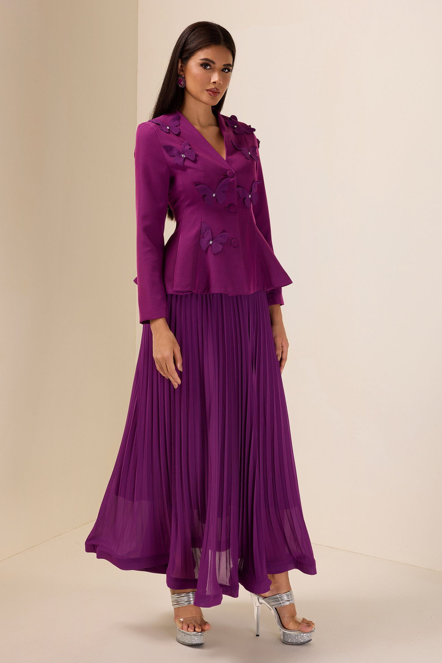 3D Butterfly Long Sleeve Blazer & Hight Waist Pleated Midi Skirt Set