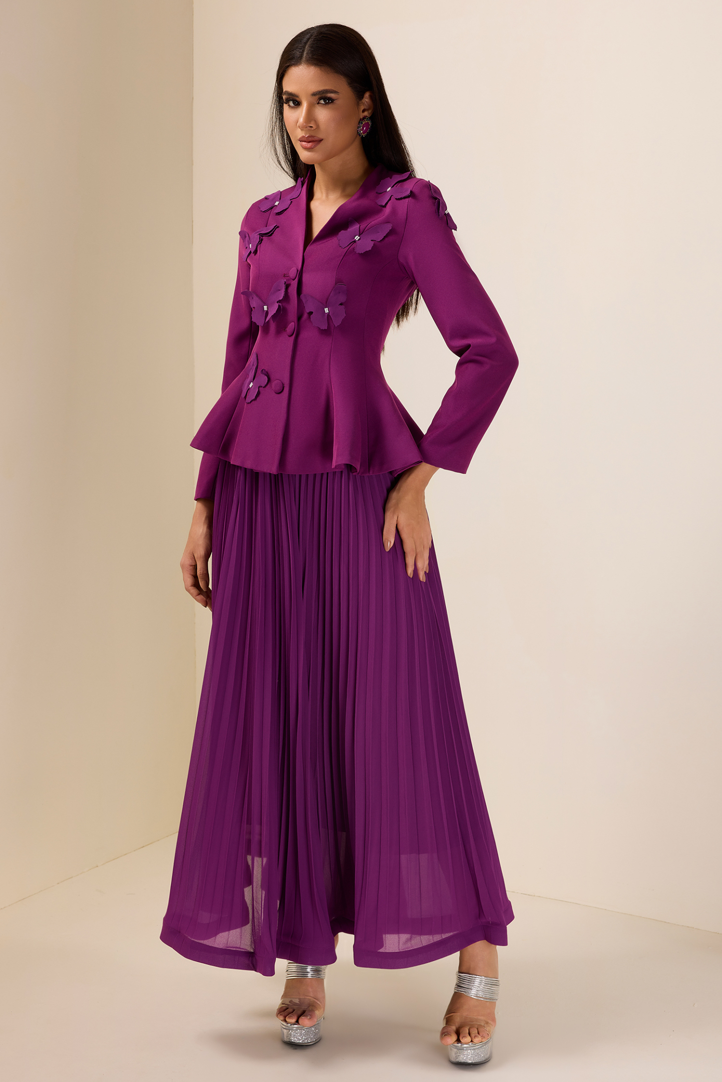 3D Butterfly Long Sleeve Blazer & Hight Waist Pleated Midi Skirt Set