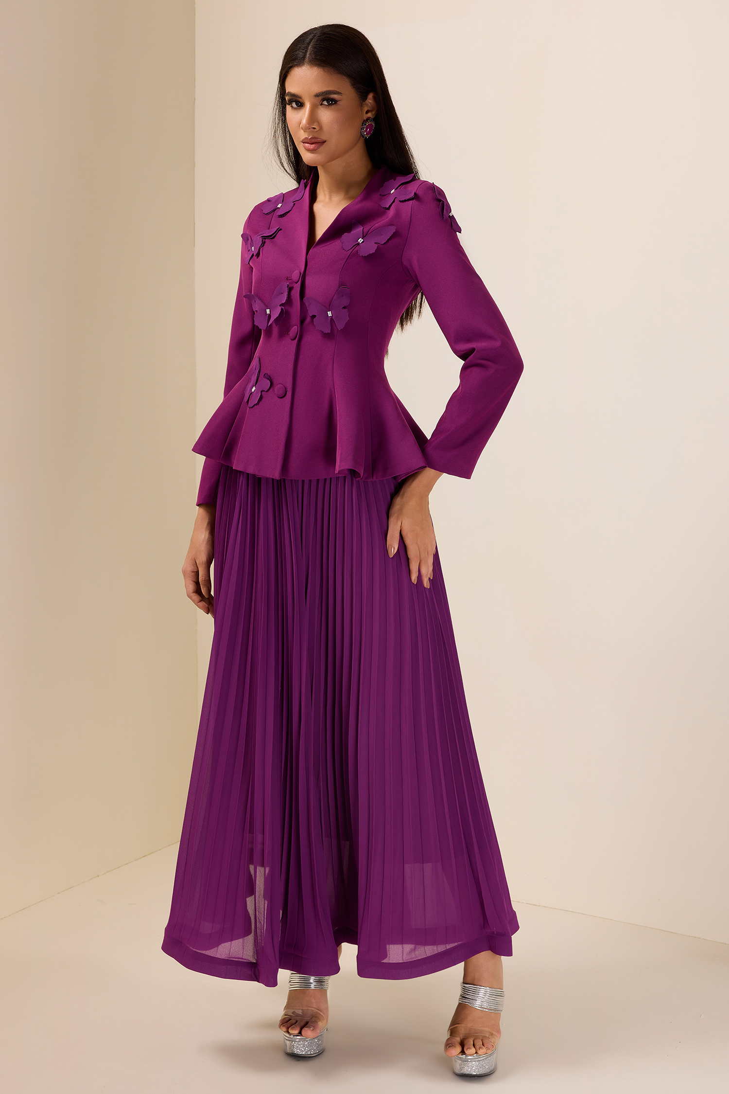 3D Butterfly Long Sleeve Blazer & Hight Waist Pleated Midi Skirt Set