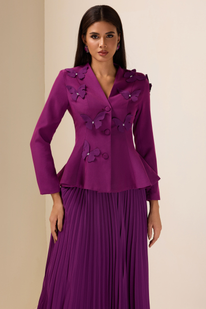 3D Butterfly Long Sleeve Blazer & Hight Waist Pleated Midi Skirt Set