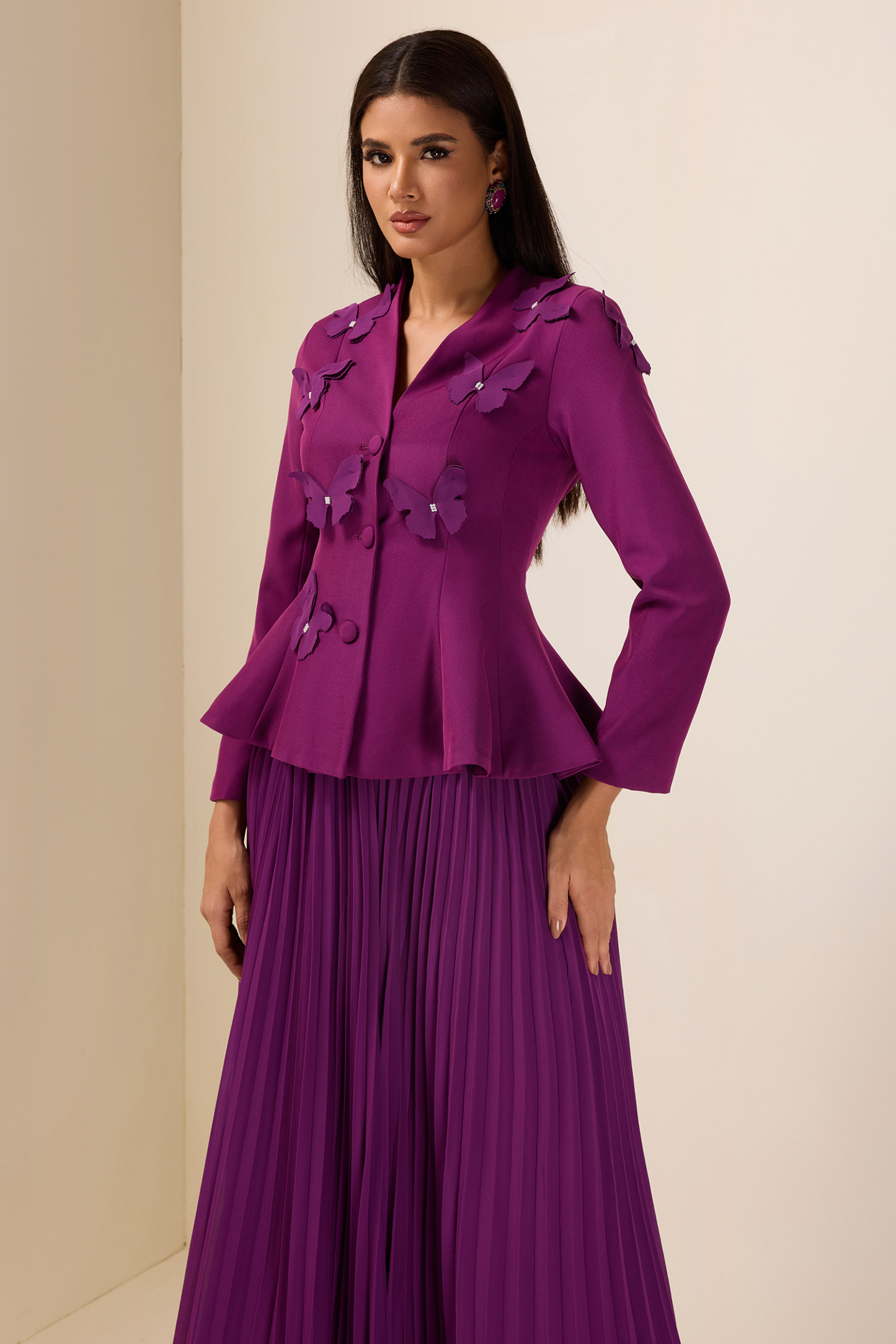 3D Butterfly Long Sleeve Blazer & Hight Waist Pleated Midi Skirt Set