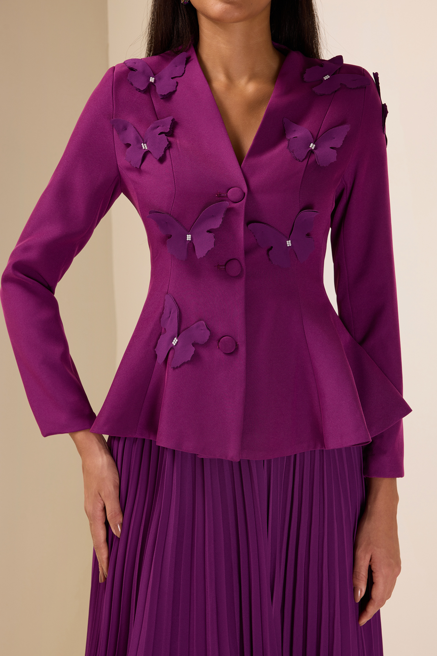 3D Butterfly Long Sleeve Blazer & Hight Waist Pleated Midi Skirt Set