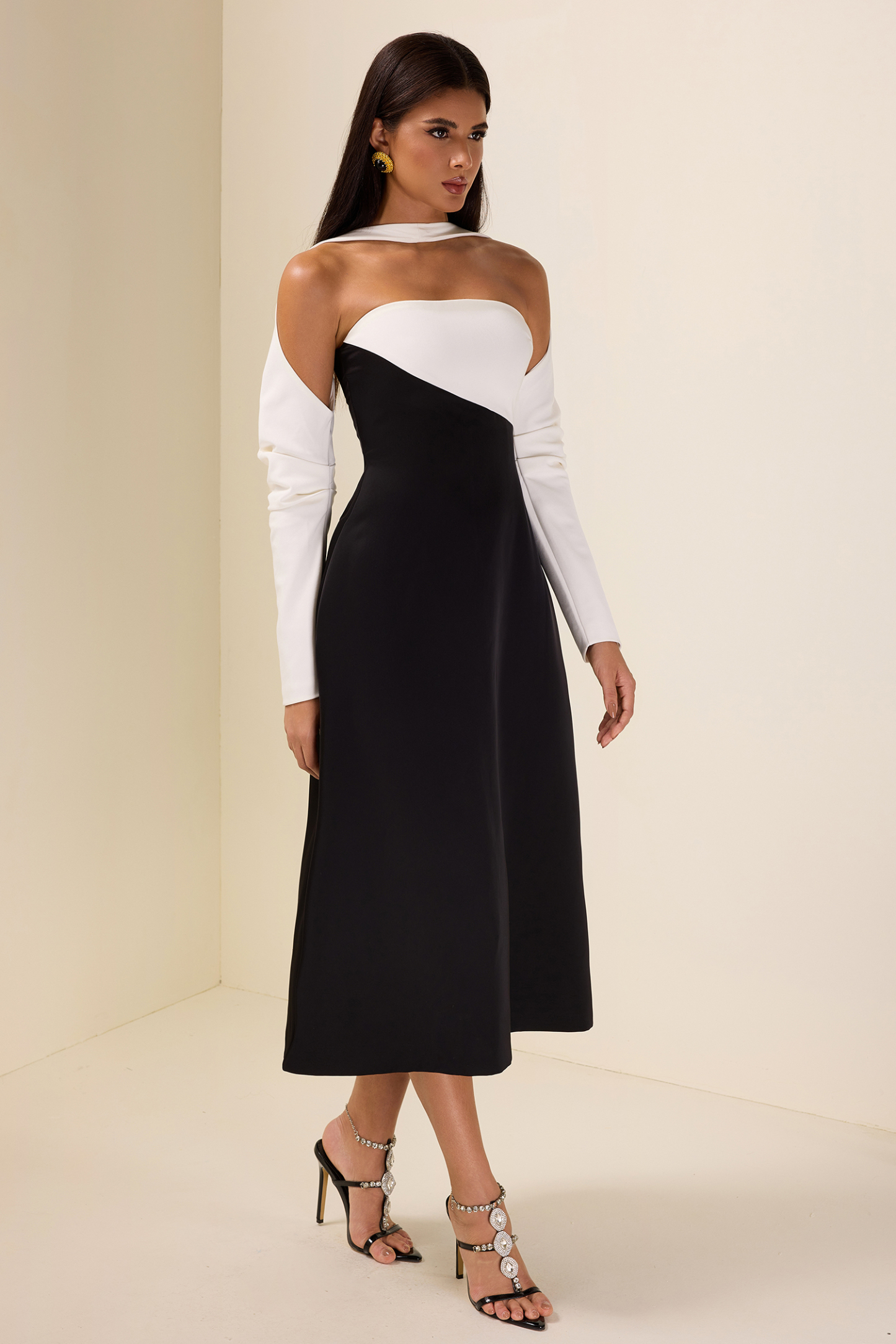Contrast Color Long Sleeve Midi Dress