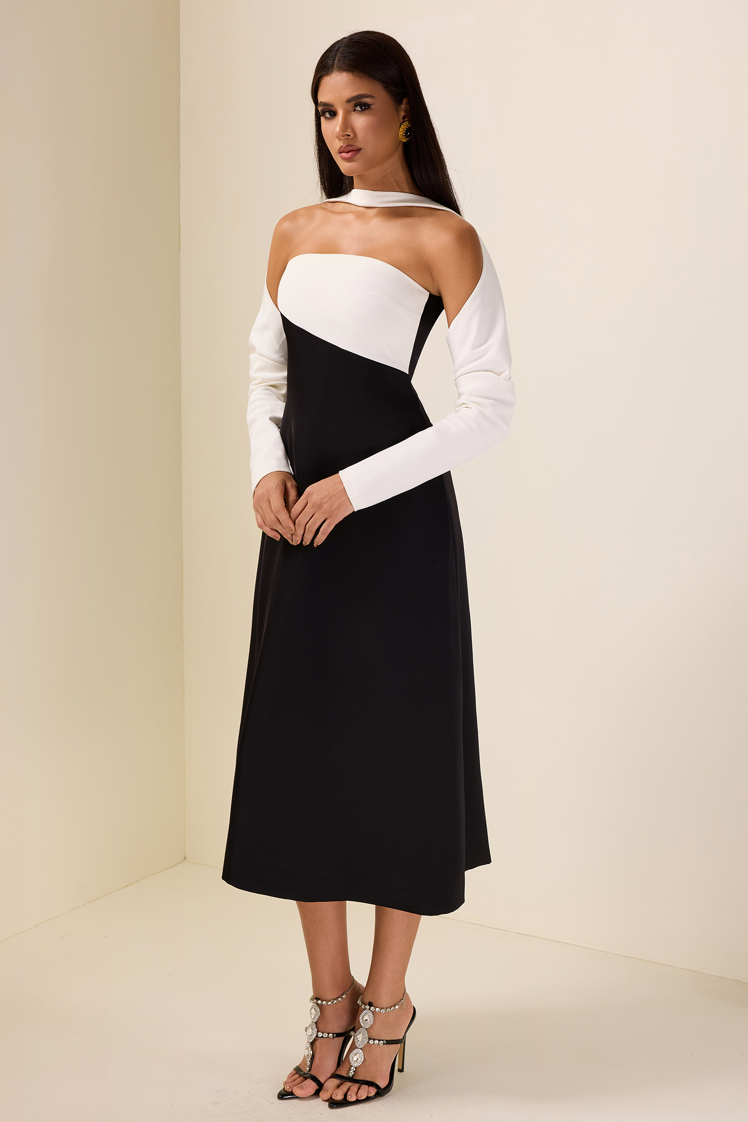 Contrast Color Long Sleeve Midi Dress