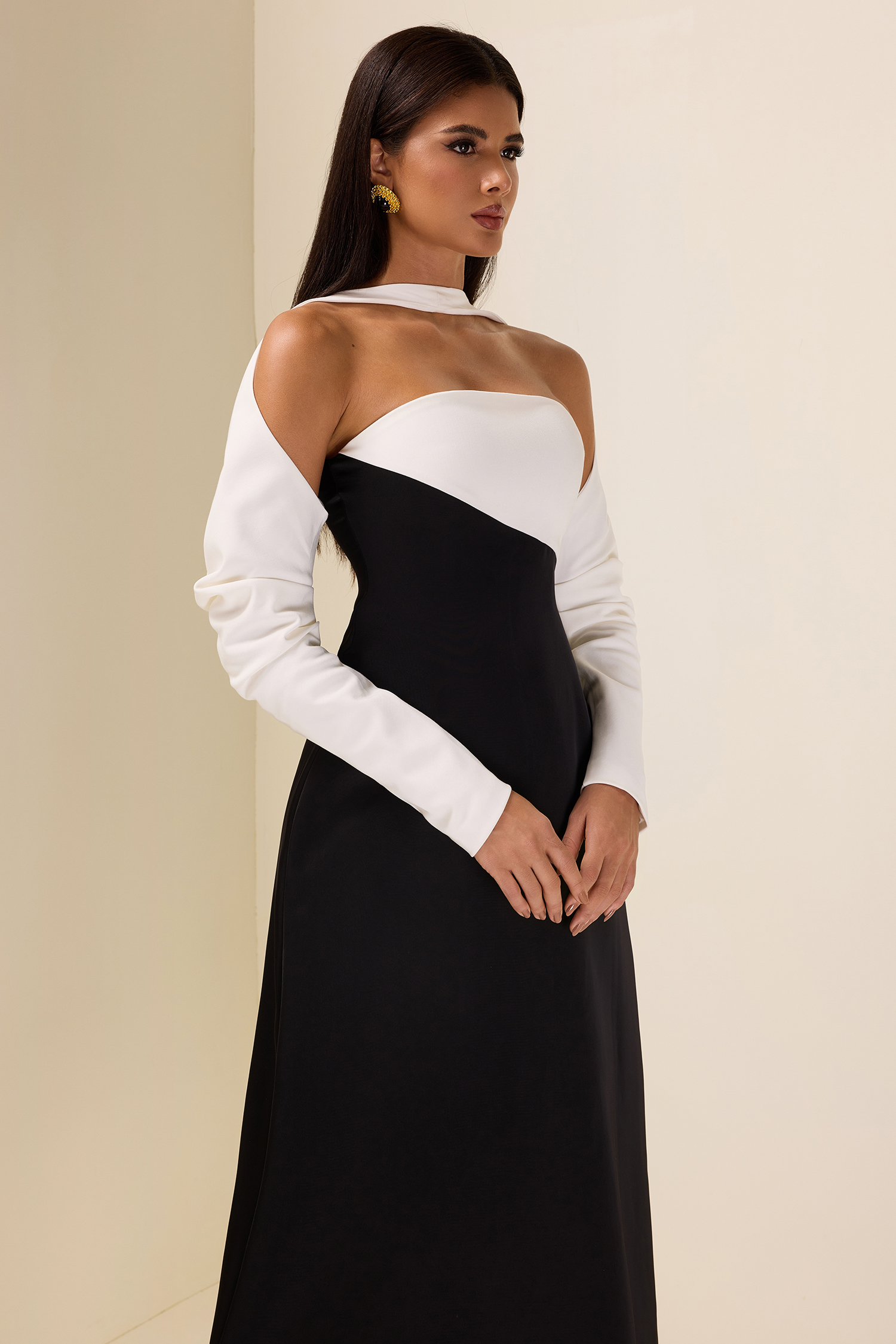Contrast Color Long Sleeve Midi Dress