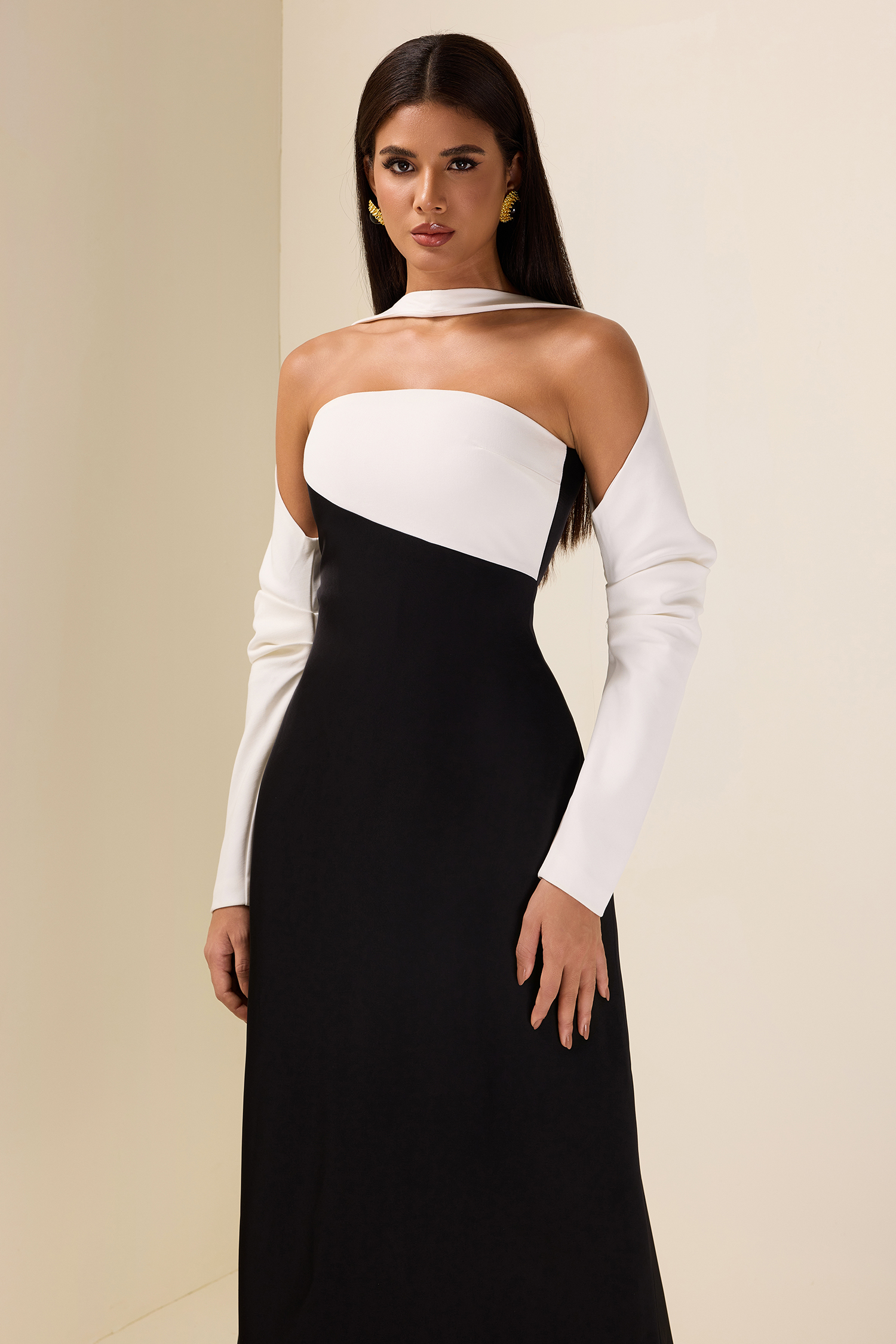 Contrast Color Long Sleeve Midi Dress
