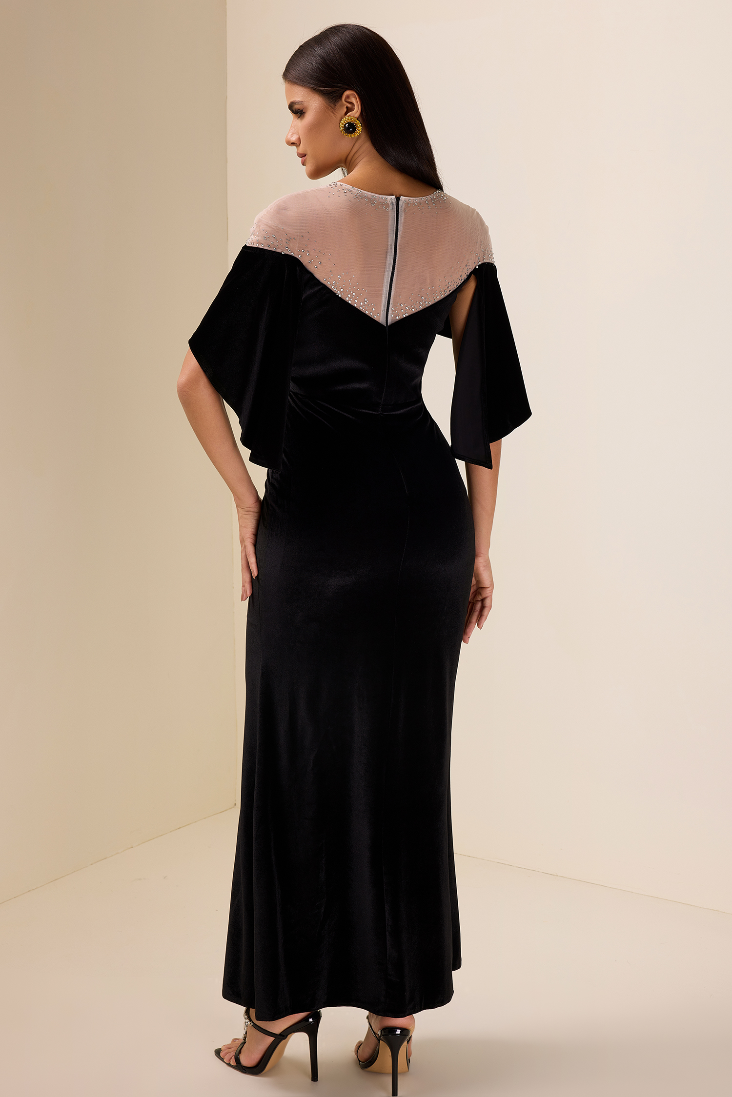 Rhinestone Velvet Cape Sleeve Midi Dress