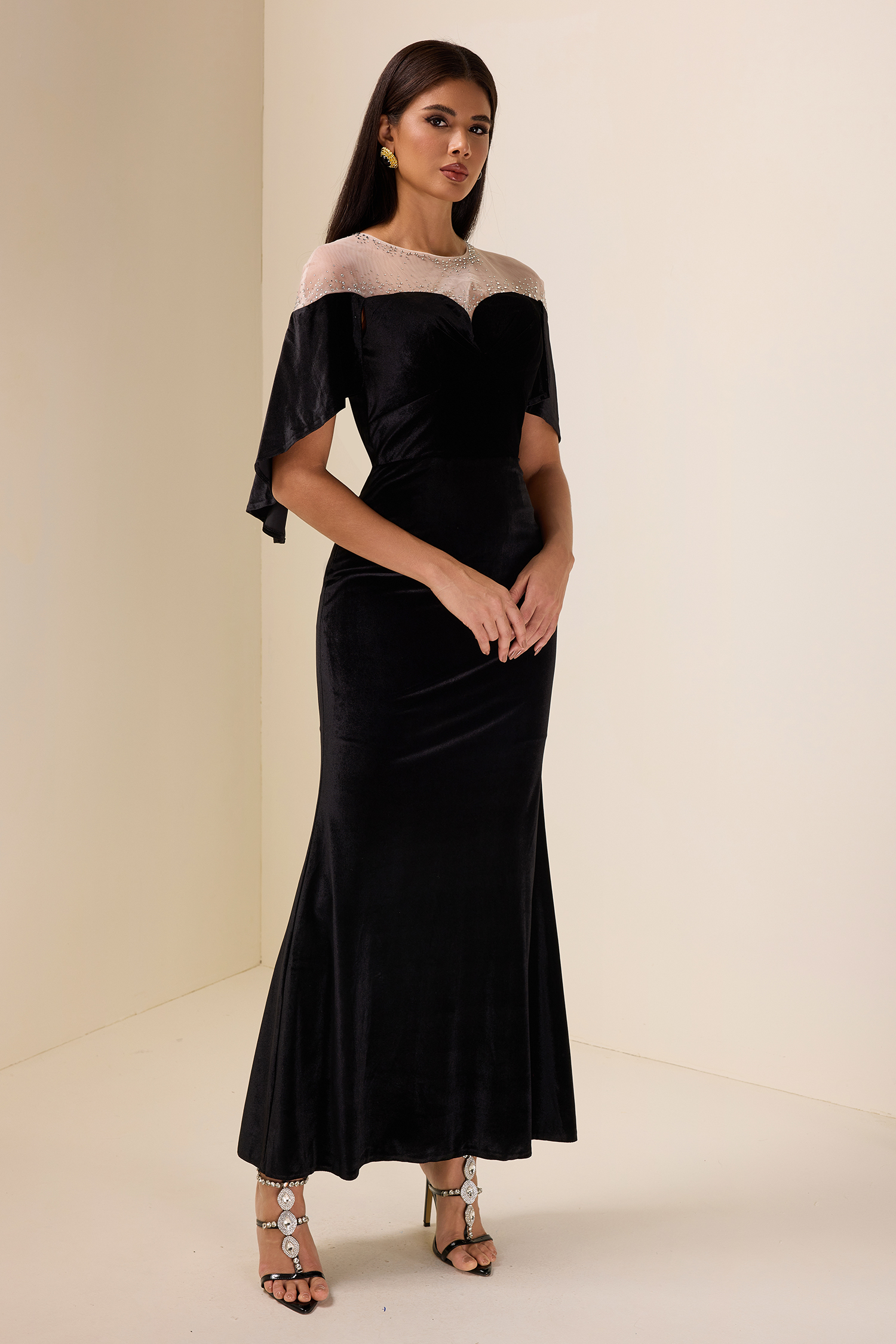 Rhinestone Velvet Cape Sleeve Midi Dress