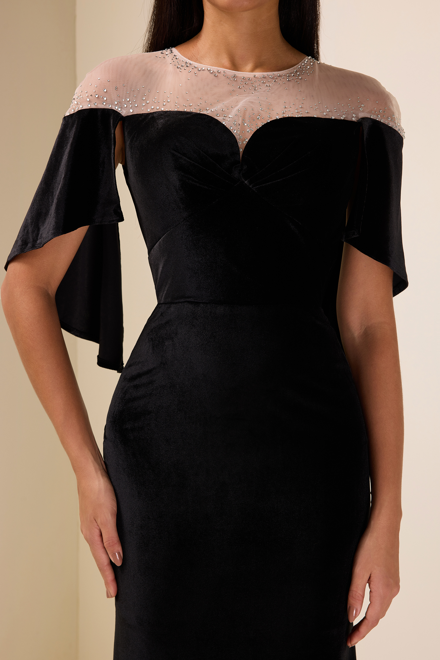 Rhinestone Velvet Cape Sleeve Midi Dress