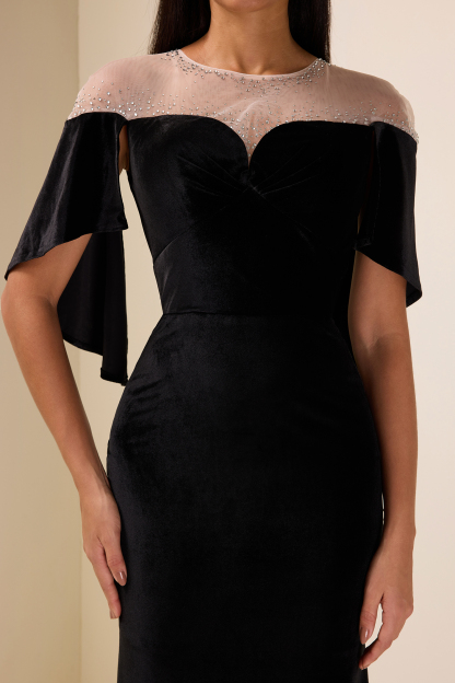 Rhinestone Velvet Cape Sleeve Midi Dress