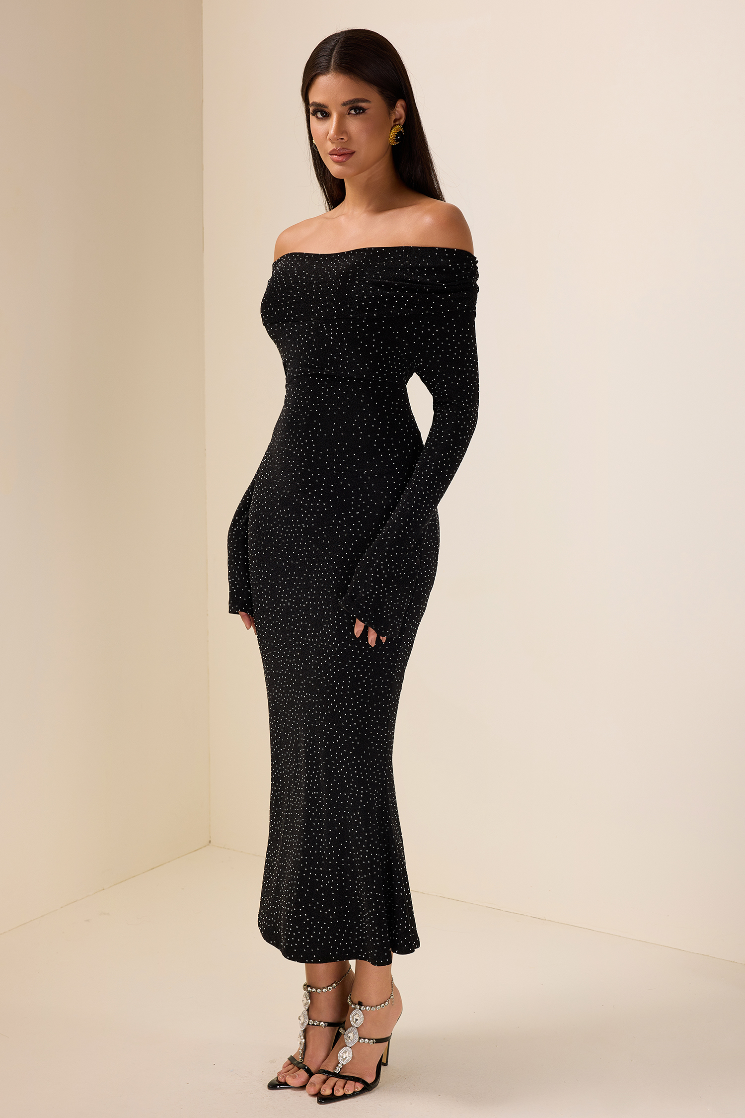 Rhinestone Off-Shoulder Midi Dress