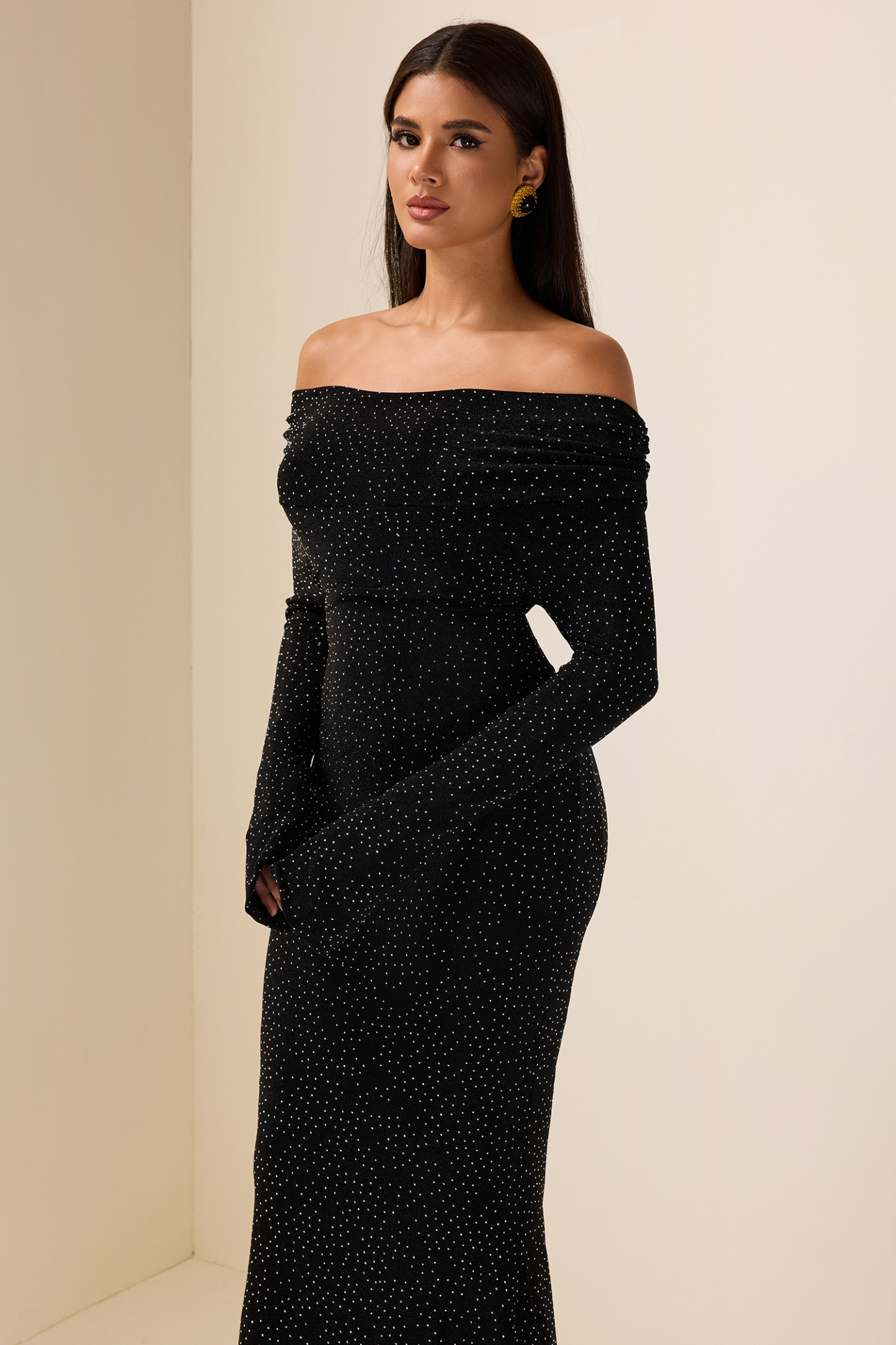 Rhinestone Off-Shoulder Midi Dress