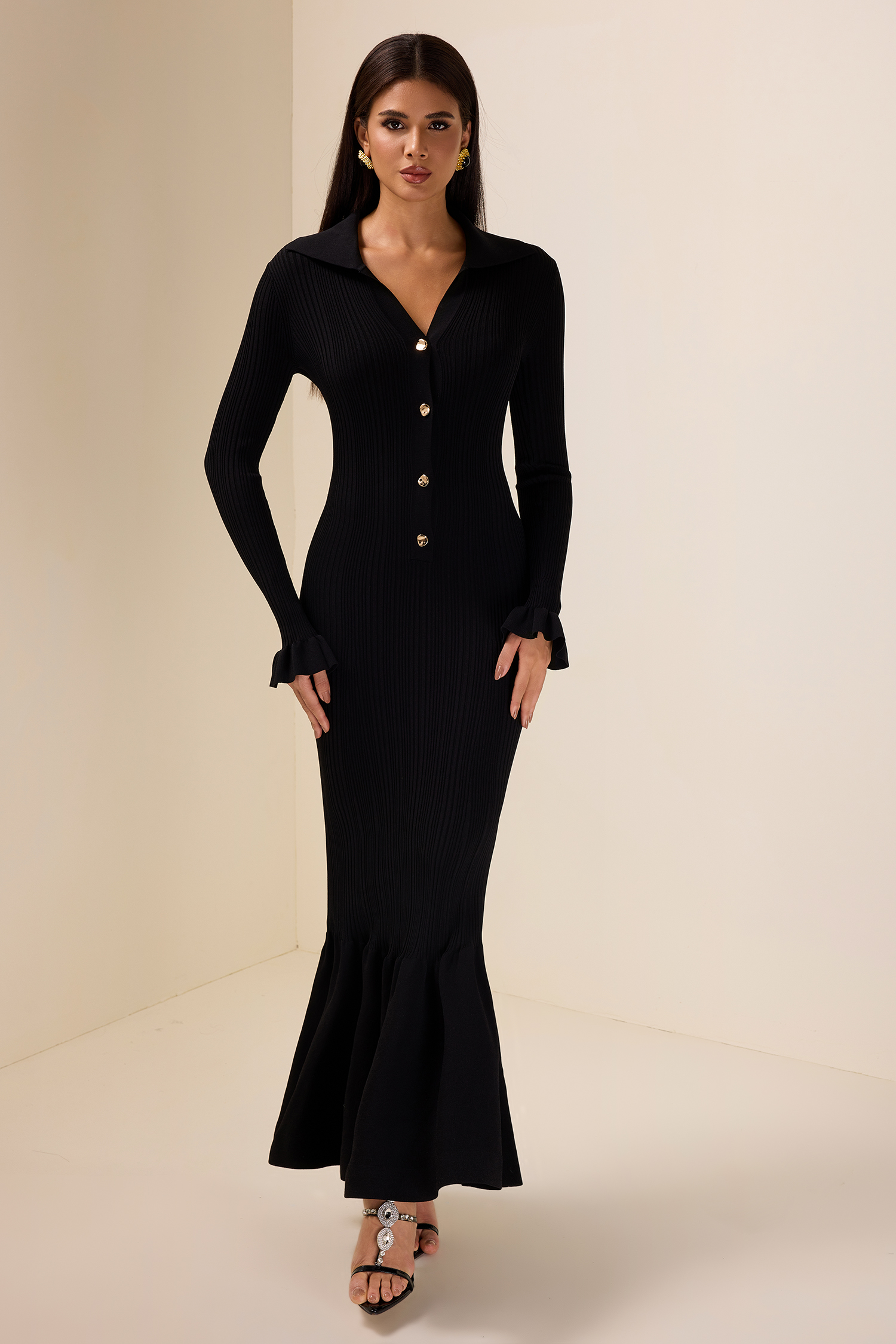 Jersey Solid Button Mermaid Midi Dress