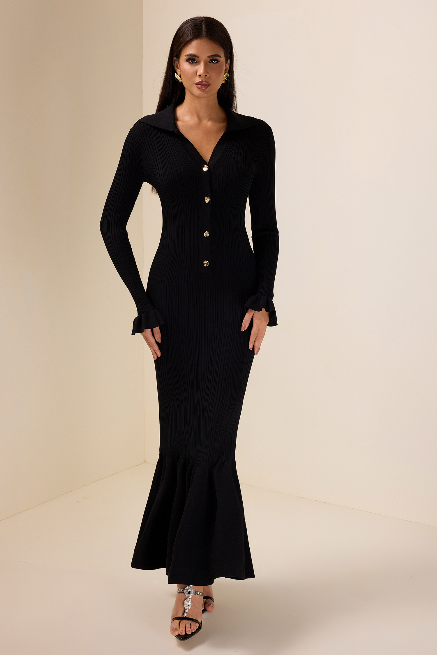 Jersey Solid Button Mermaid Midi Dress