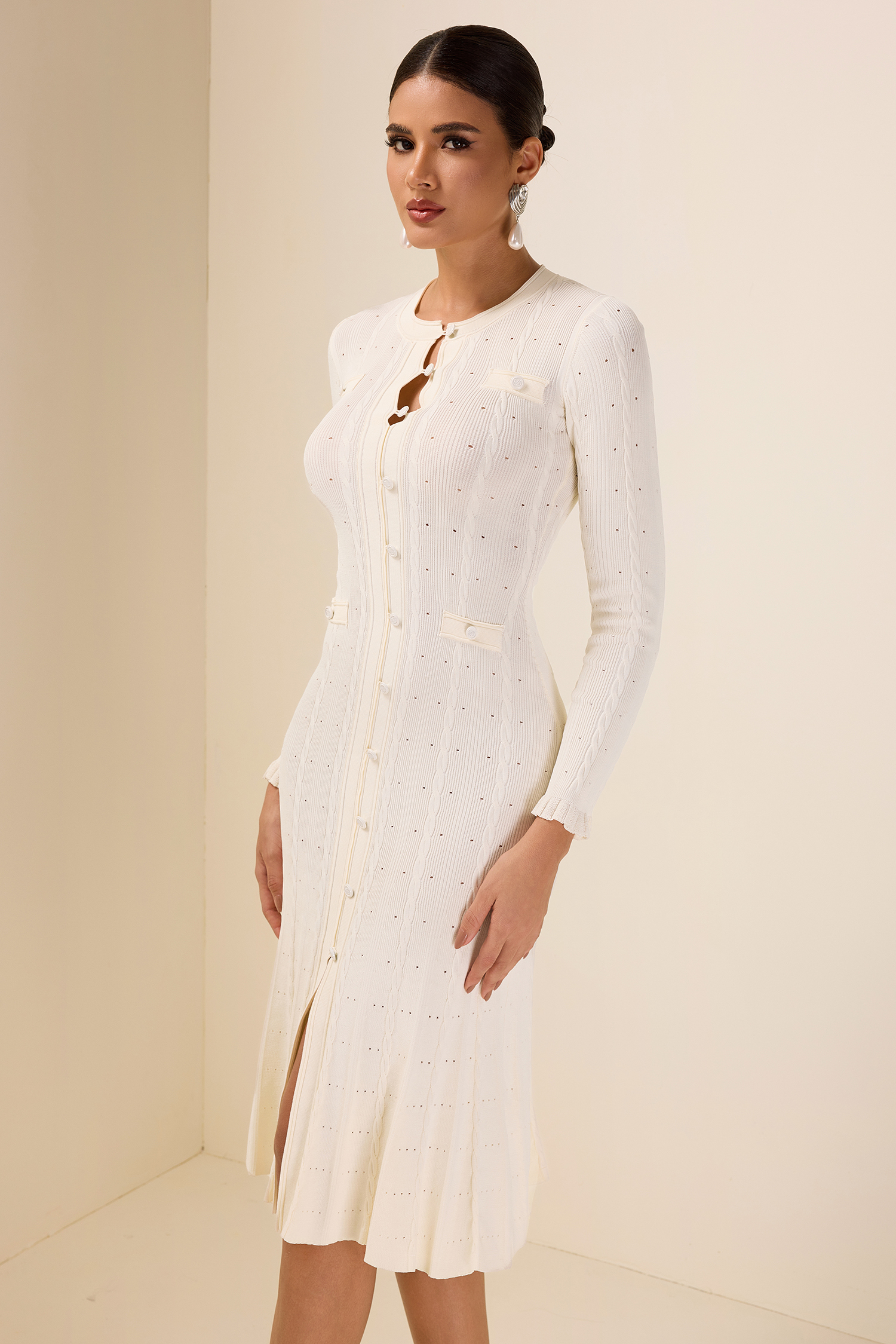Solid Knit Bottom Long Sleeve Midi Dress