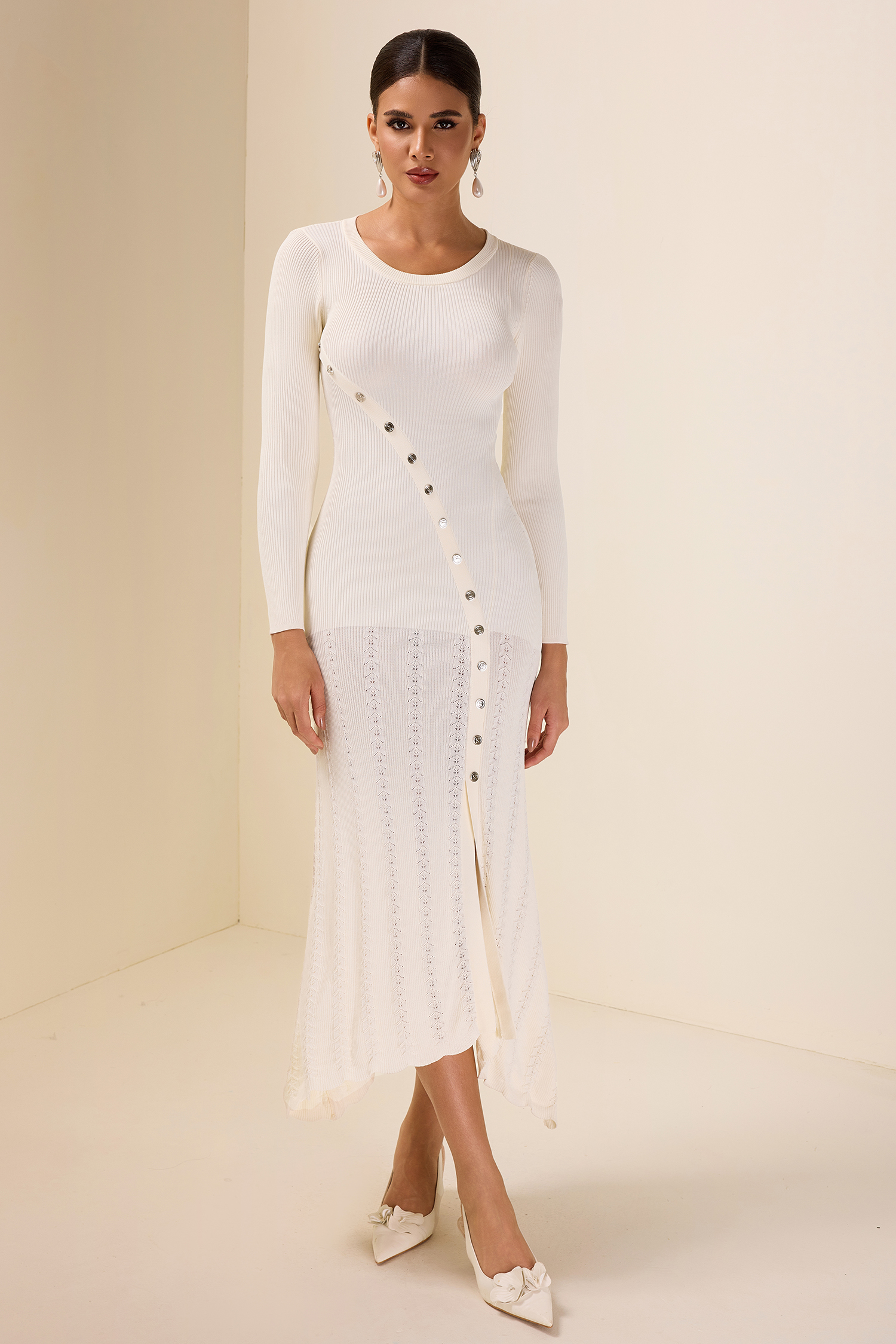 Knit Solid Bottom Round Neck Midi Dress