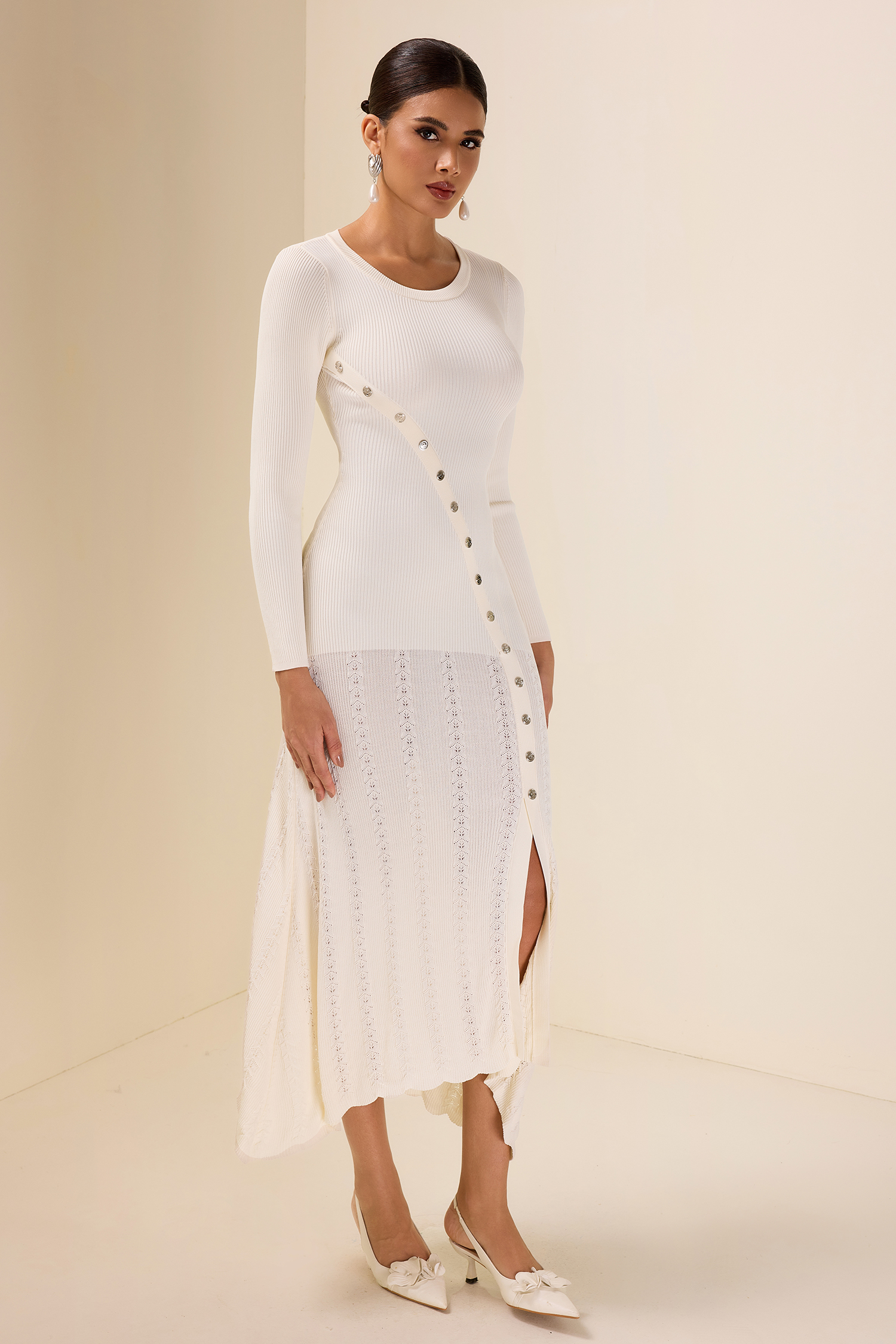 Knit Solid Bottom Round Neck Midi Dress