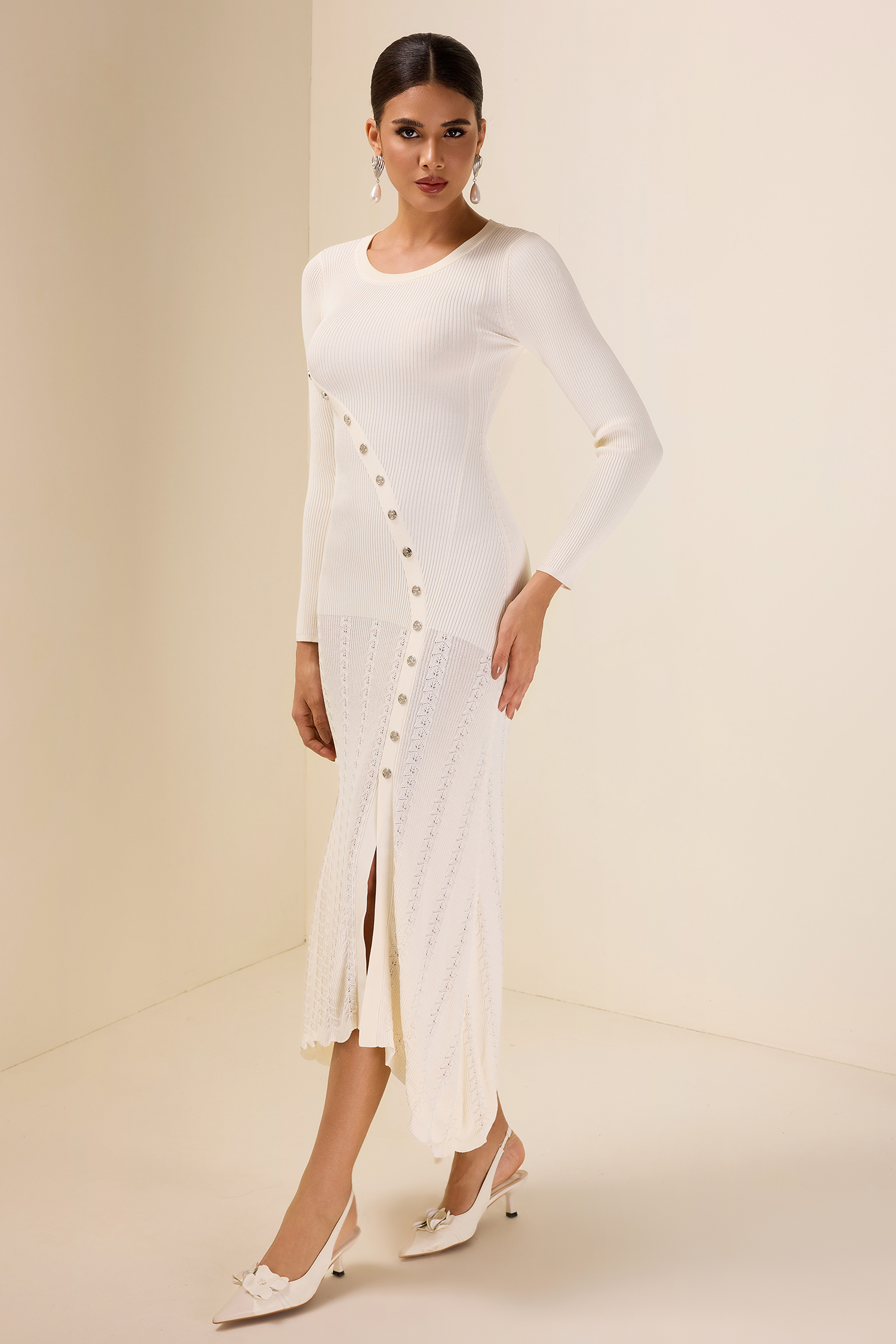 Knit Solid Bottom Round Neck Midi Dress