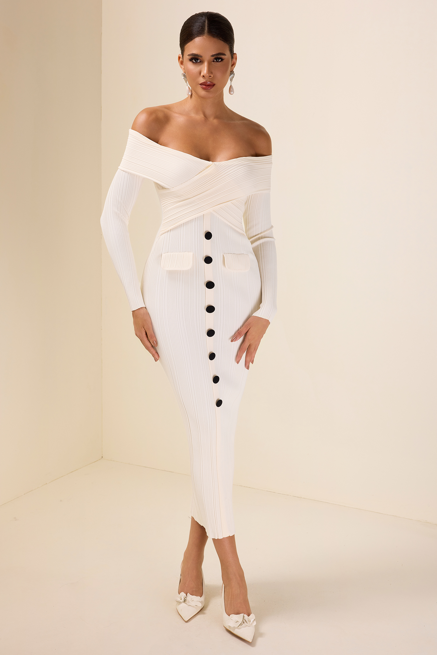 Knit Off-Shoulder Bottom Midi Dress