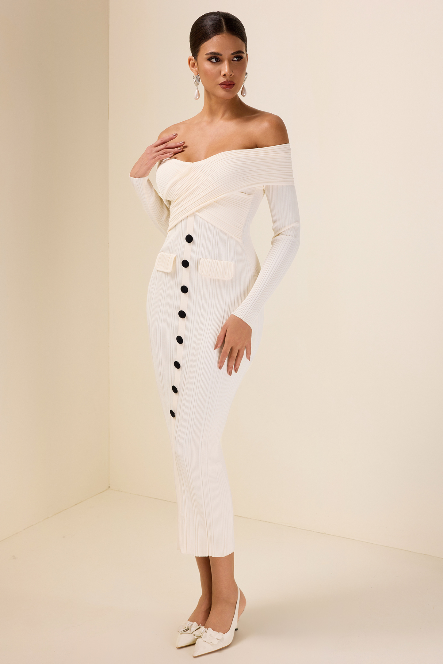 Knit Off-Shoulder Bottom Midi Dress