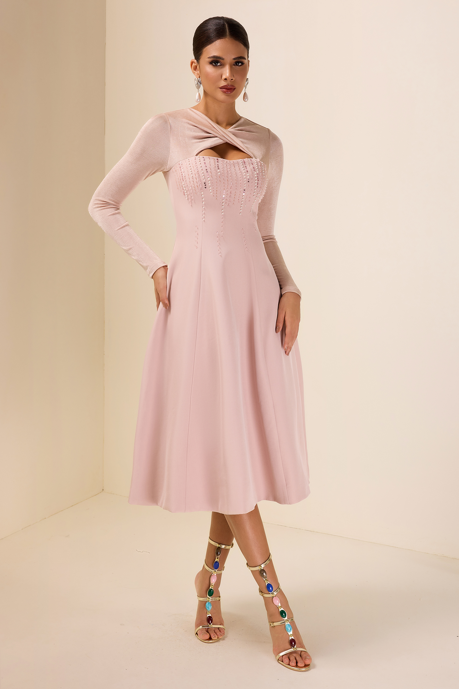 Rhinestone Knotted Long Sleeve Midi Dress